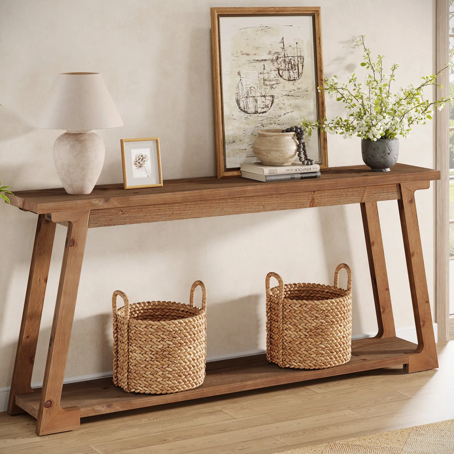 63" Console Table, Wood Sofa Table with 2-Tier Storage for Living Room