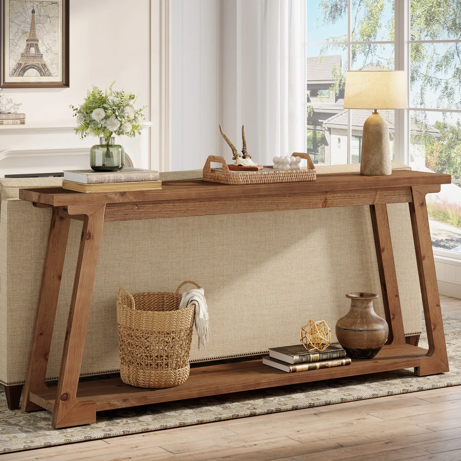 63" Console Table, Wood Sofa Table with 2-Tier Storage for Living Room