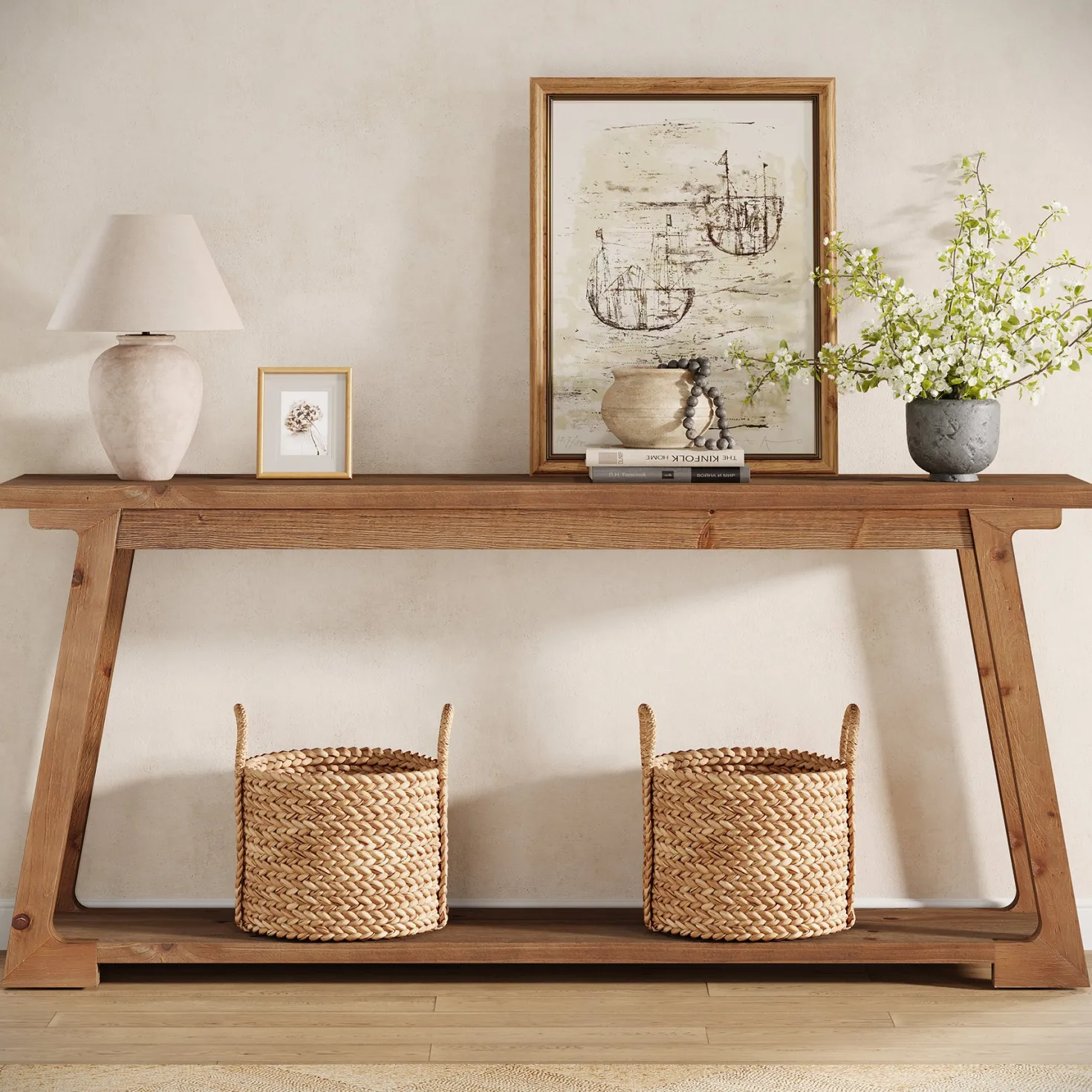 63" Console Table, Wood Sofa Table with 2-Tier Storage for Living Room