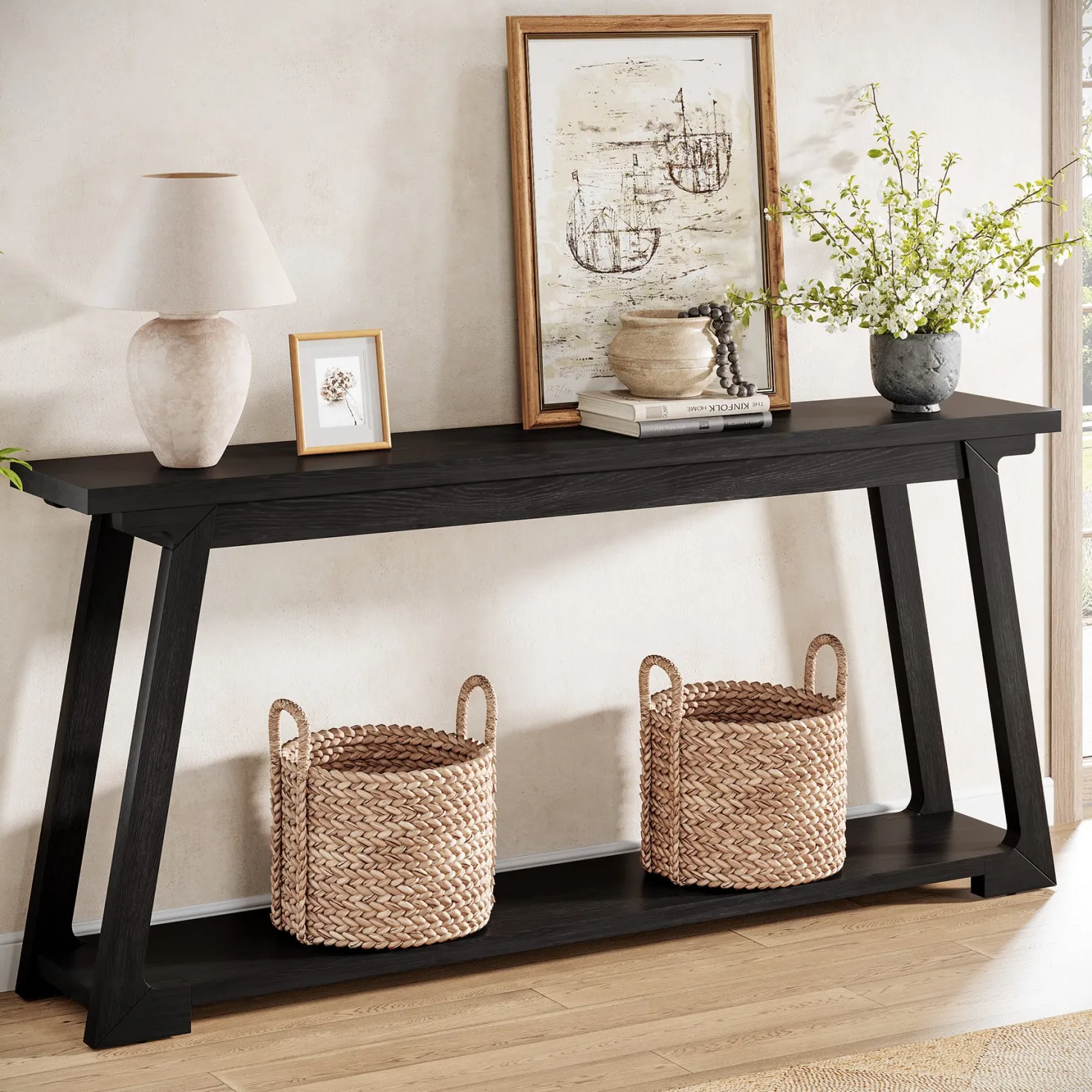 63" Console Table, Wood Sofa Table with 2-Tier Storage for Living Room