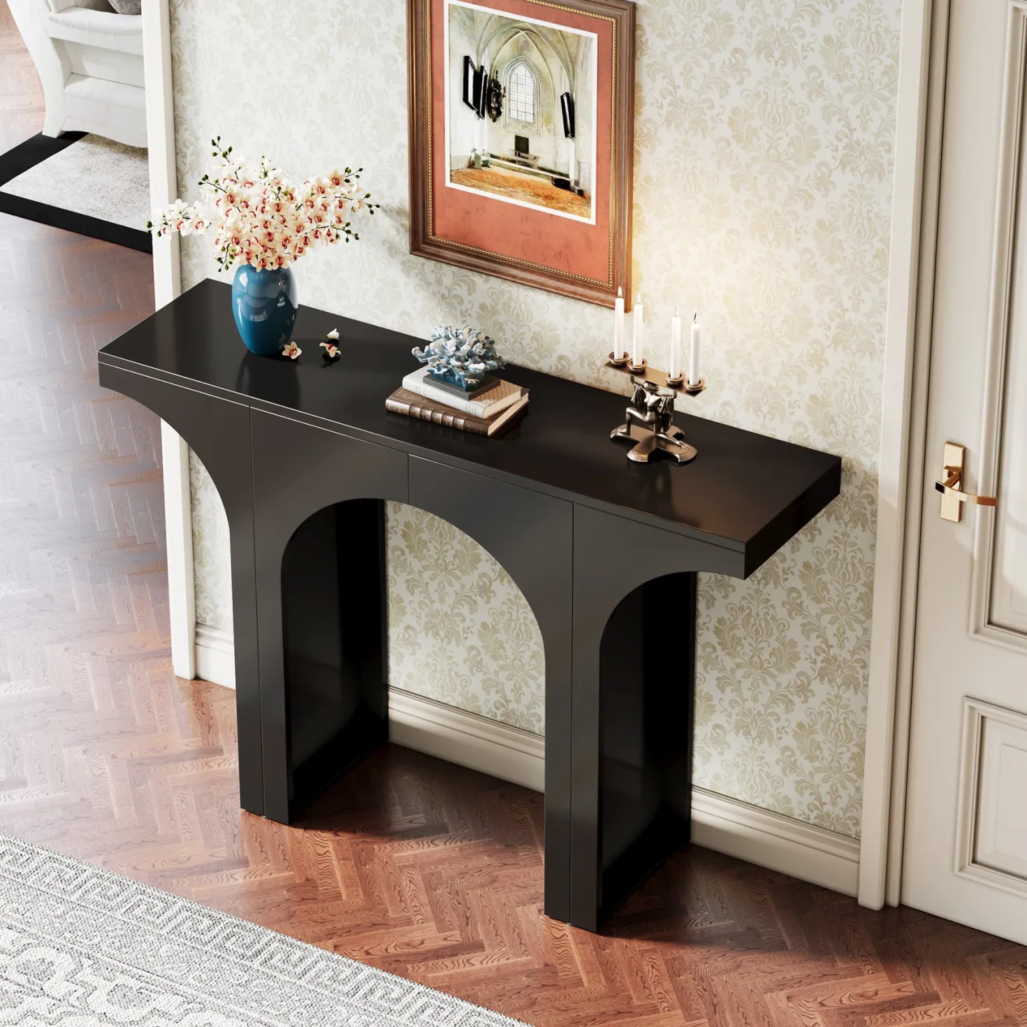 47" Console Table, Wooden Entryway Table Sofa Table with Arch Base