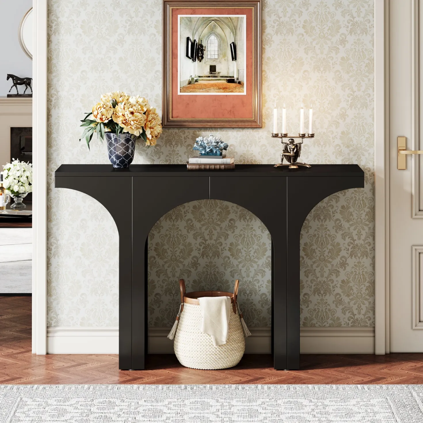 47" Console Table, Wooden Entryway Table Sofa Table with Arch Base
