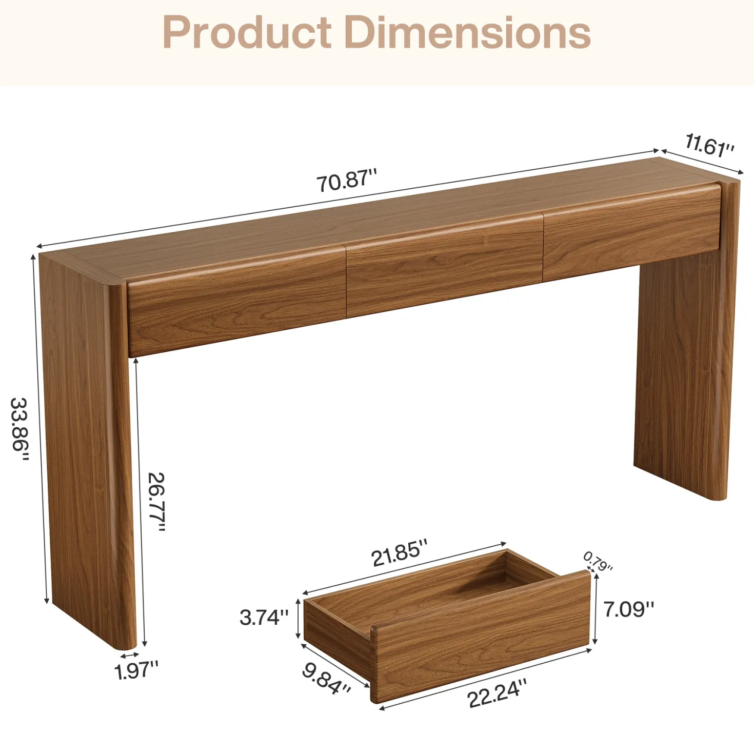 70.9" Console Table, Wooden Sofa Entryway Table with 3 Drawers