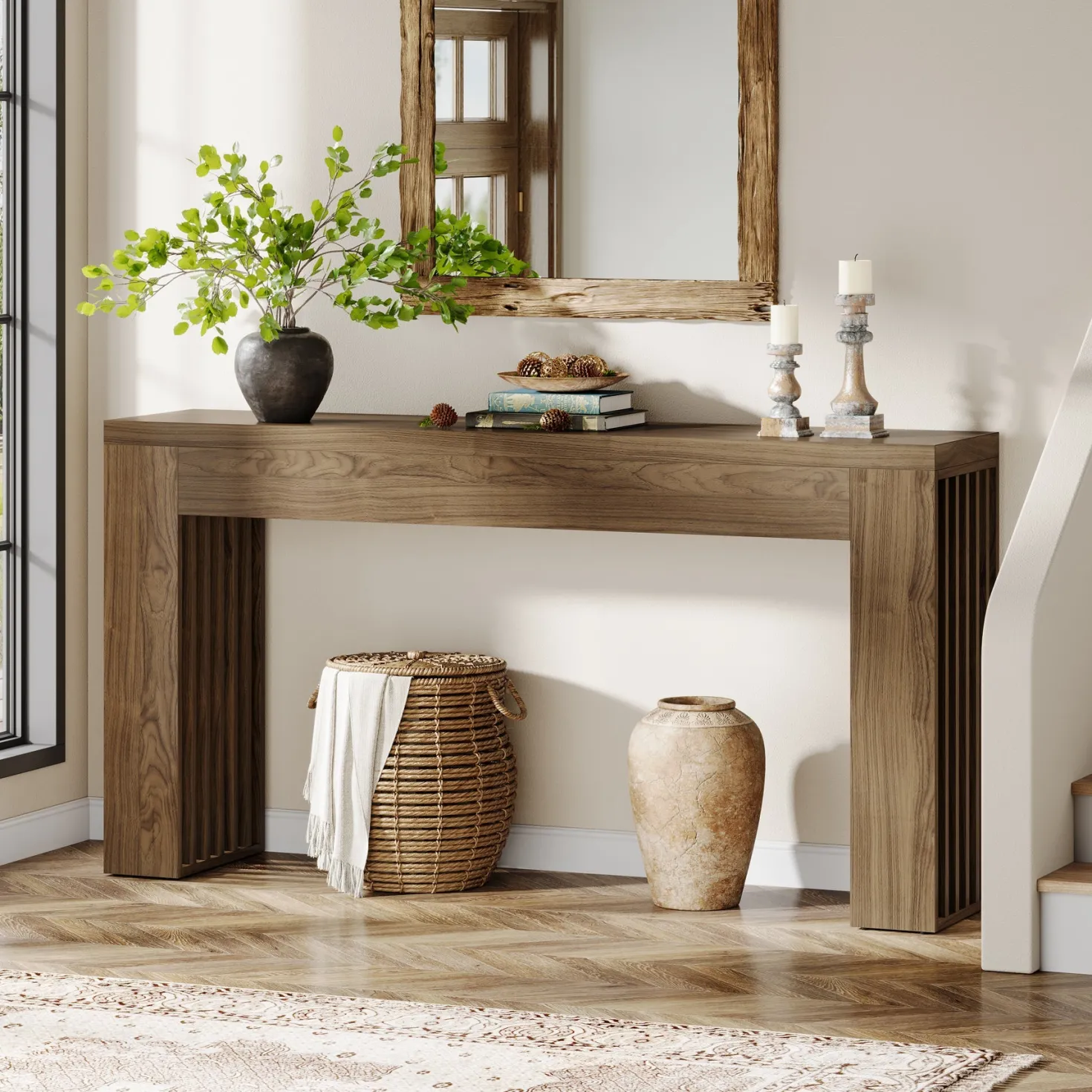 59" Console Table, Wooden Sofa Table Behind The Couch Hallway Table