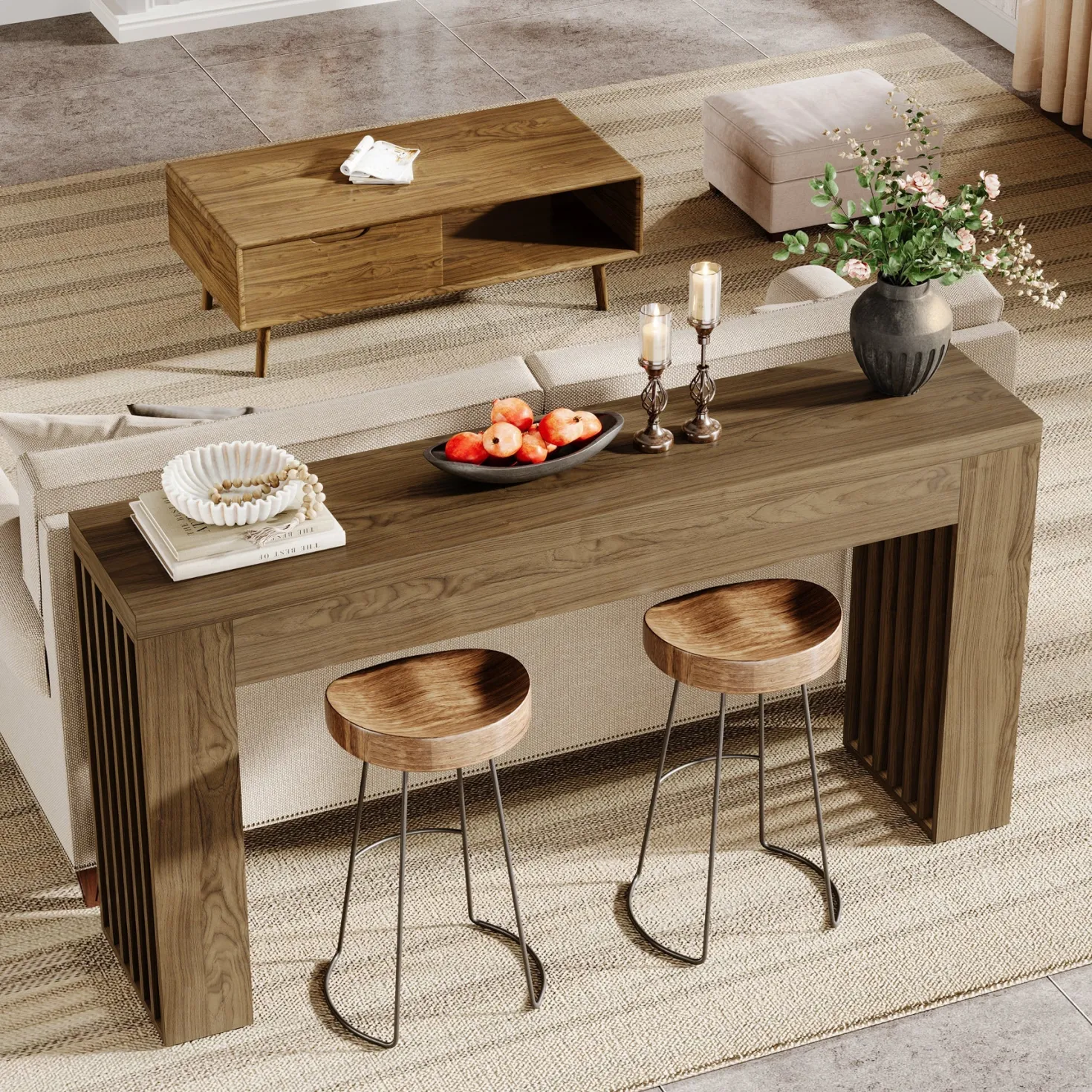 59" Console Table, Wooden Sofa Table Behind The Couch Hallway Table