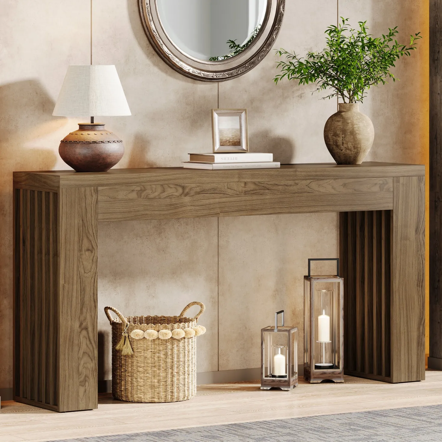 59" Console Table, Wooden Sofa Table Behind The Couch Hallway Table