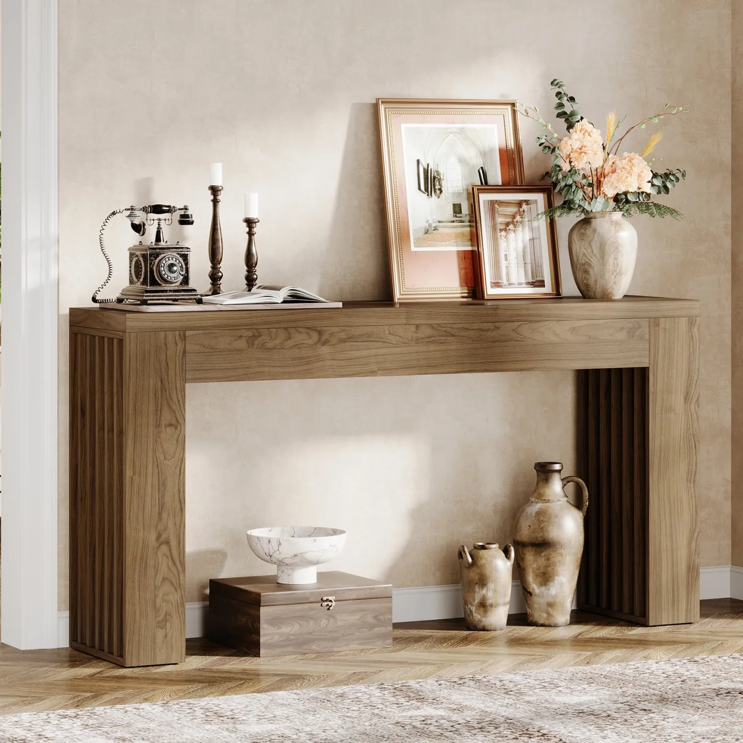 59" Console Table, Wooden Sofa Table Behind The Couch Hallway Table