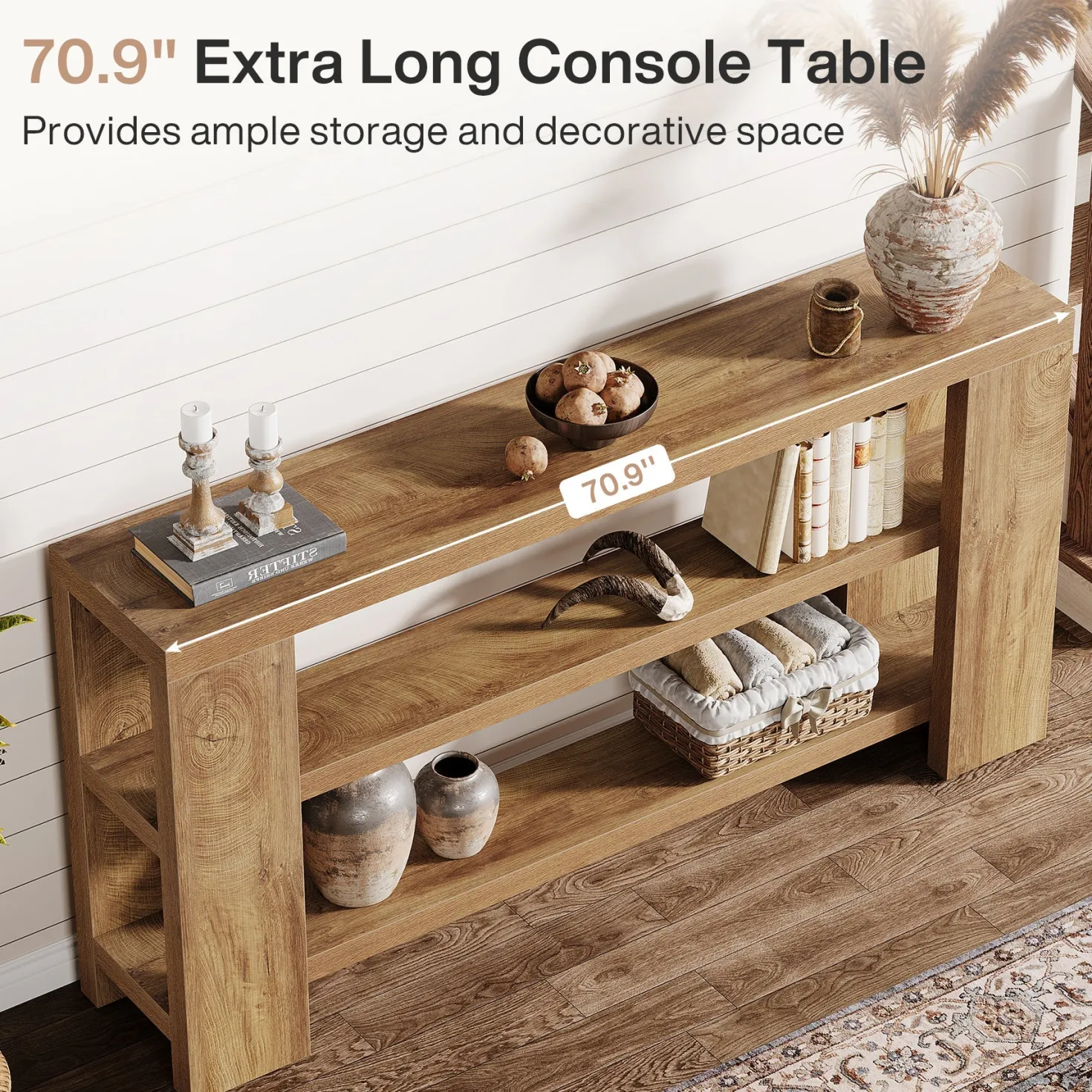70.9" Console Table, Wooden 3-Tier Sofa Foyer Table