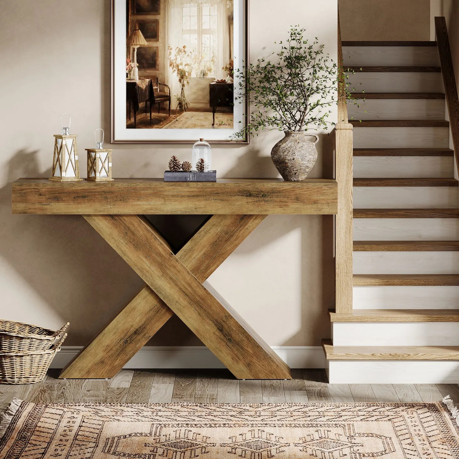 55" Console Table, Wooden Unique Design Sofa Foyer Table