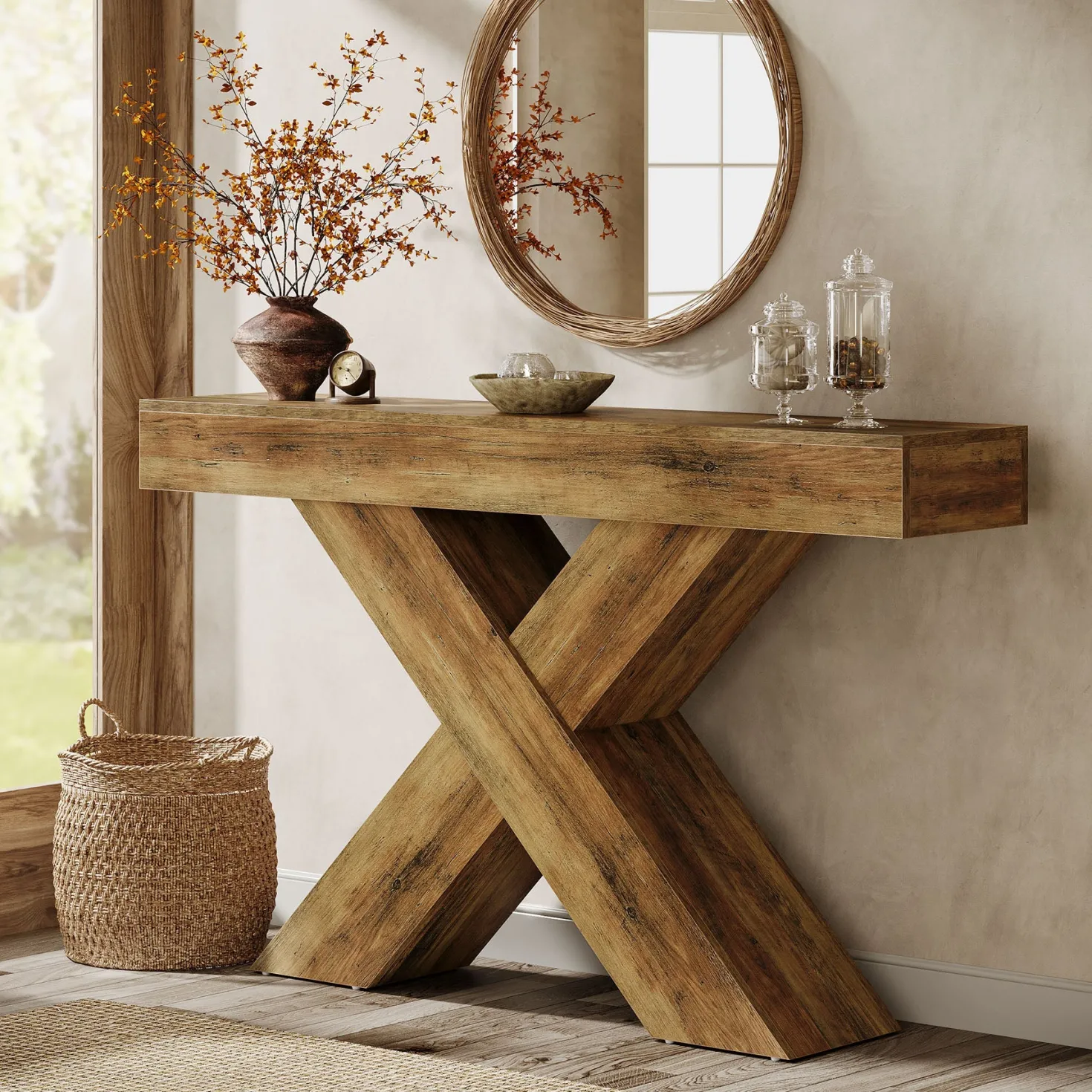 55" Console Table, Wooden Unique Design Sofa Foyer Table