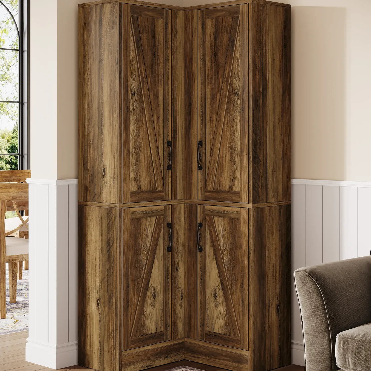 70.8" Corner Bookcase, Farmhouse Corner Storage Cabinet with Doors