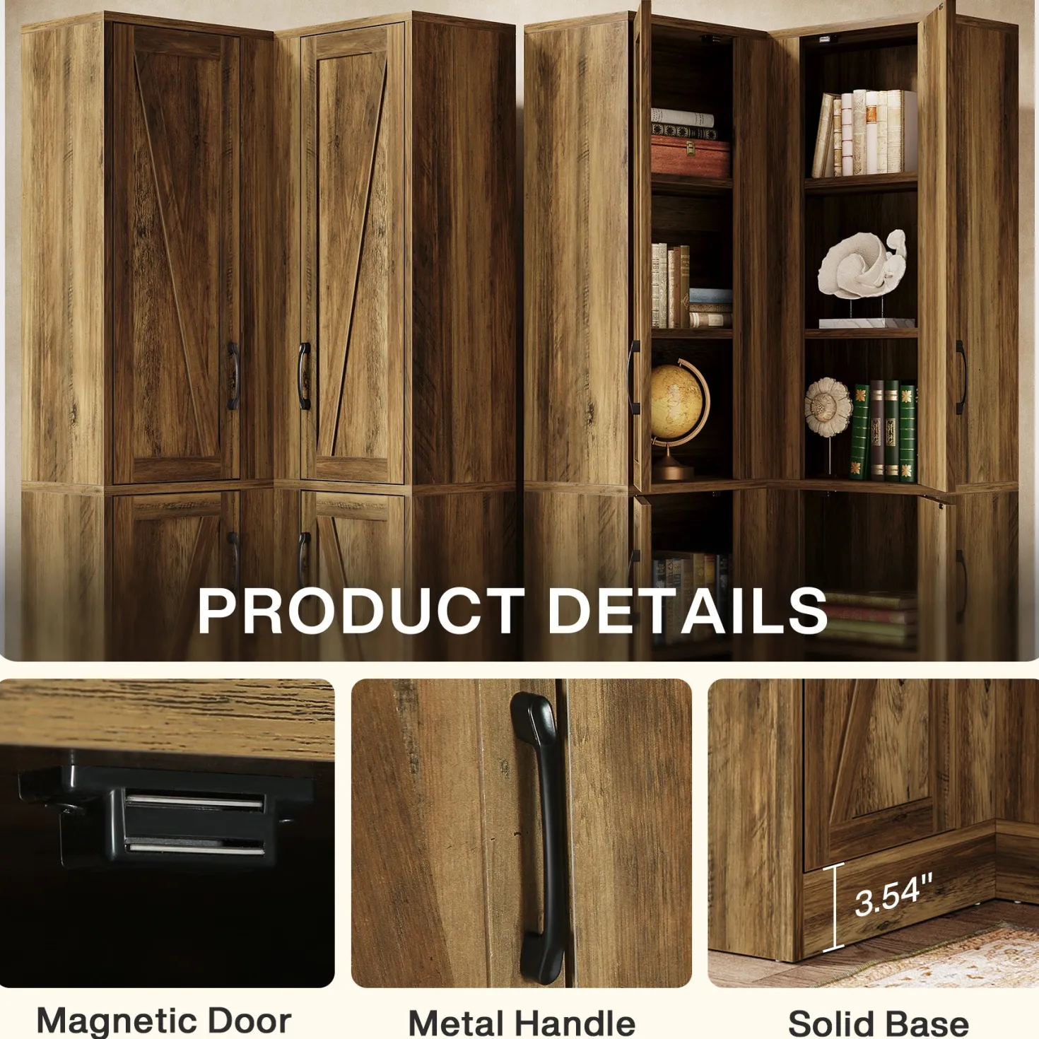 70.8" Corner Bookcase, Farmhouse Corner Storage Cabinet with Doors