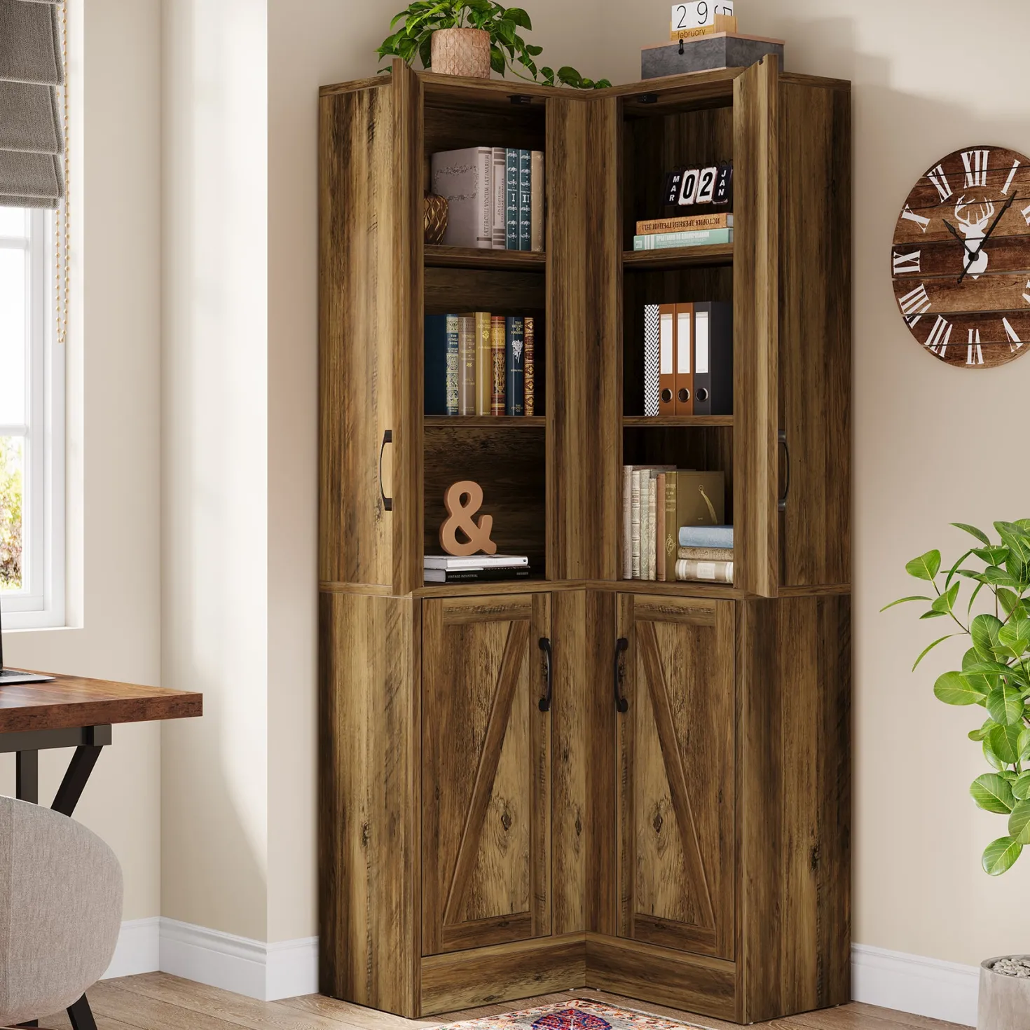 70.8" Corner Bookcase, Farmhouse Corner Storage Cabinet with Doors