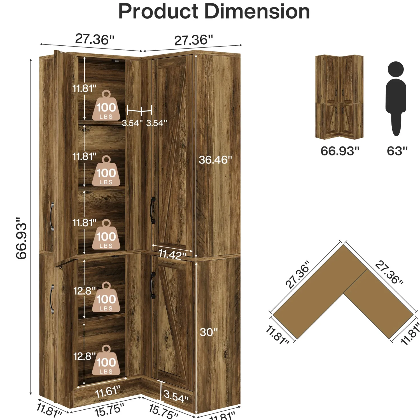 70.8" Corner Bookcase, Farmhouse Corner Storage Cabinet with Doors
