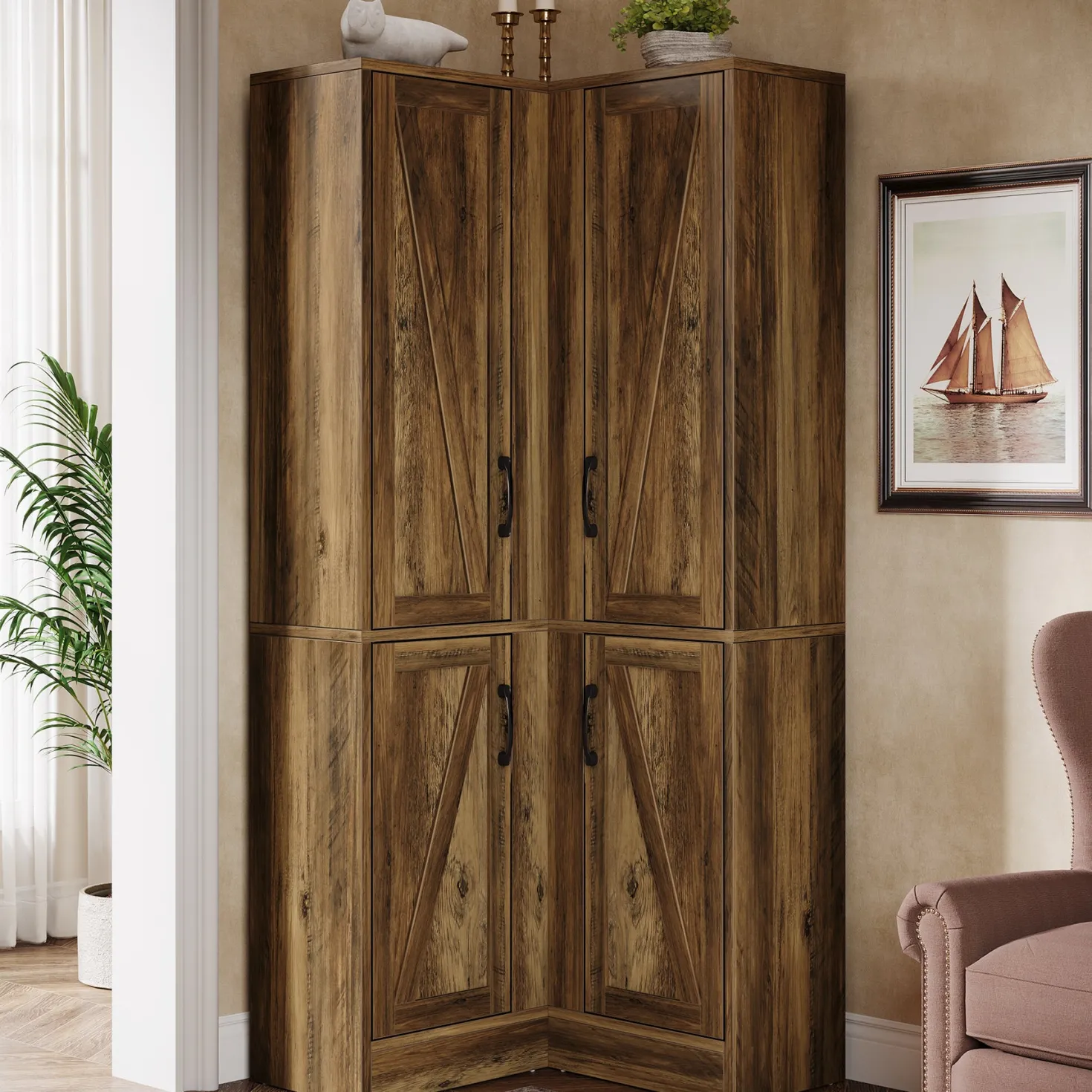 70.8" Corner Bookcase, Farmhouse Corner Storage Cabinet with Doors