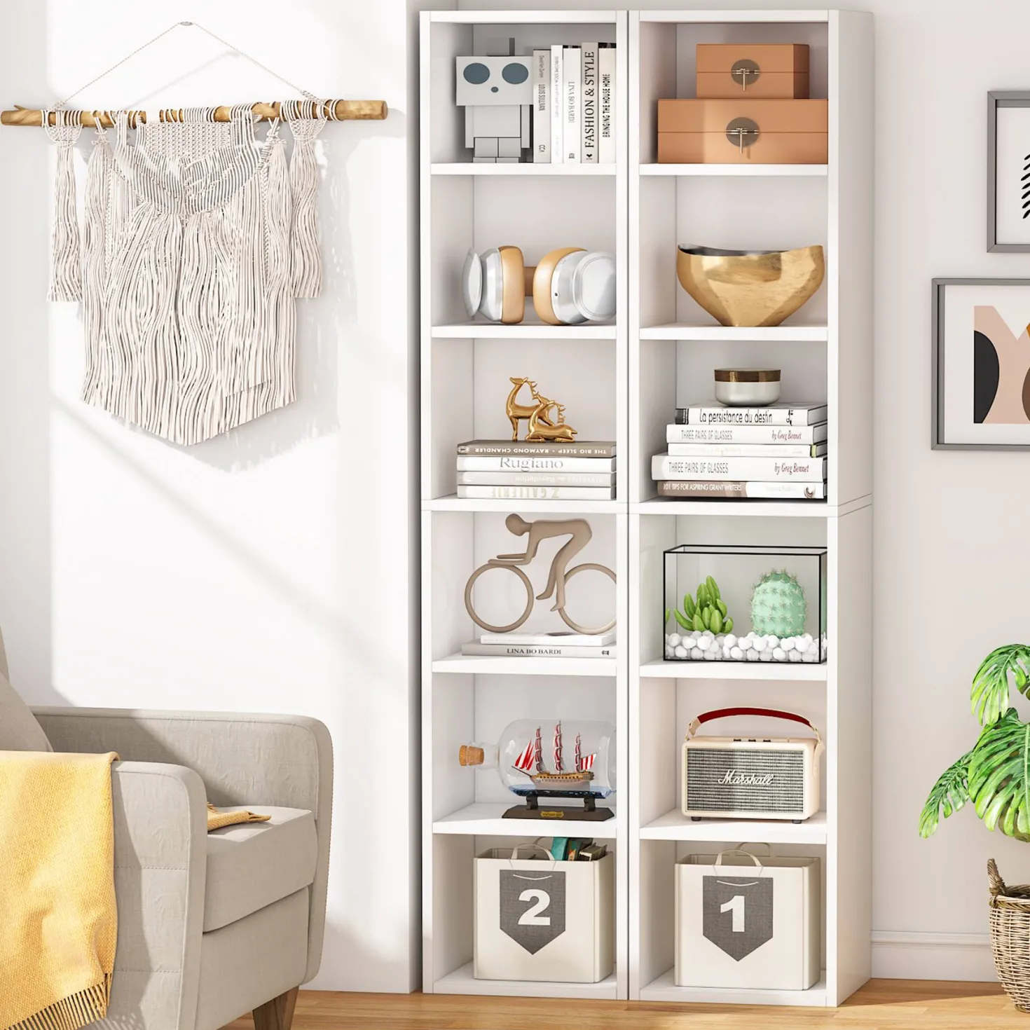 70.9" Corner Bookcase, Modern 6-Tier Narrow Cube Display Shelves
