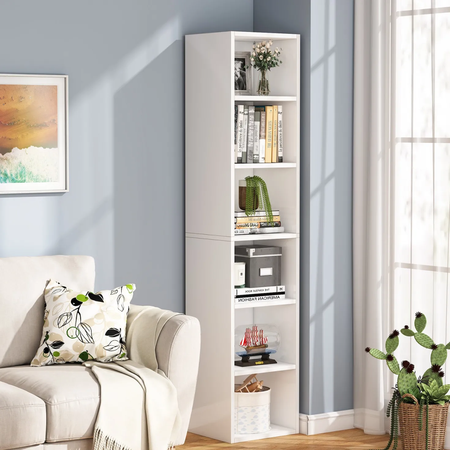 70.9" Corner Bookcase, Modern 6-Tier Narrow Cube Display Shelves