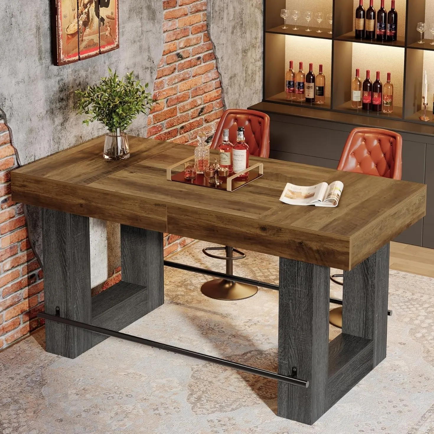 63" Counter Height Bar Table, Large High Top Pub Table Kitchen Island