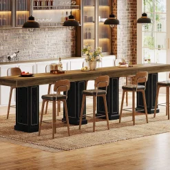 71" Counter Height Bar Table for 6-8 People, Rustic Pub Table with Dual Pedestal Base & Gold Accents