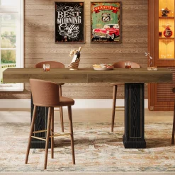 71" Counter Height Bar Table for 6-8 People, Rustic Pub Table with Dual Pedestal Base & Gold Accents