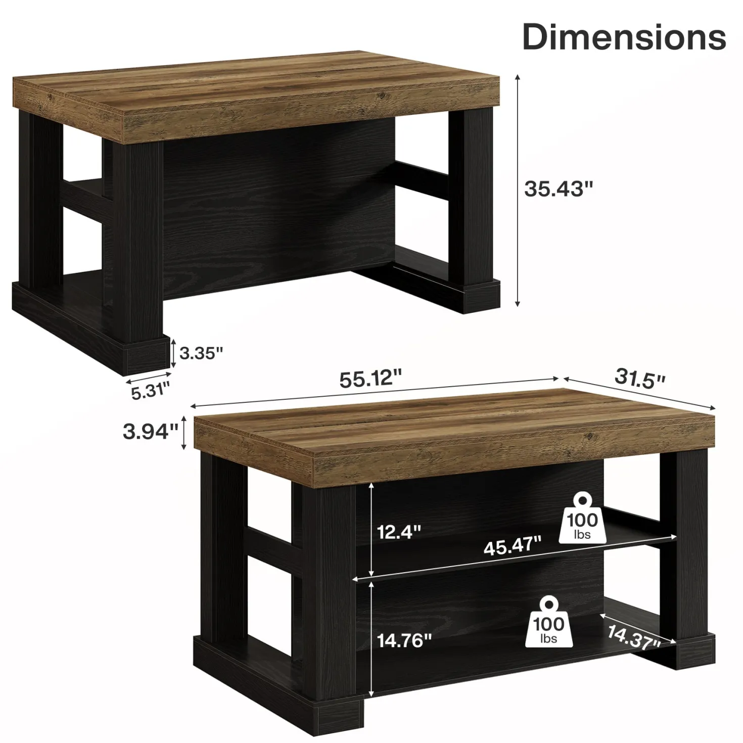 55" Counter Height Bar Table with Storage Shelves, Rectangular Kitchen Table for 6