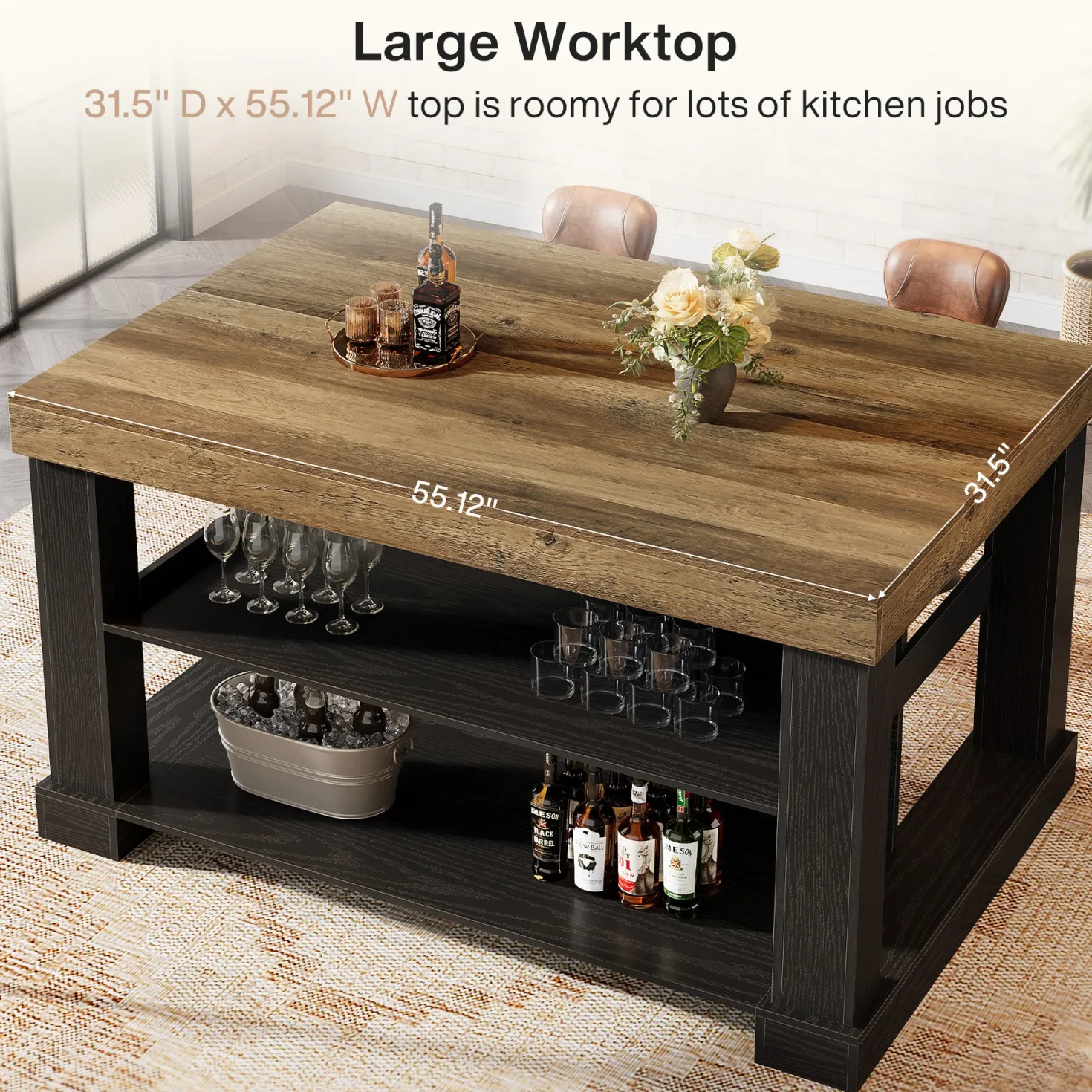 55" Counter Height Bar Table with Storage Shelves, Rectangular Kitchen Table for 6