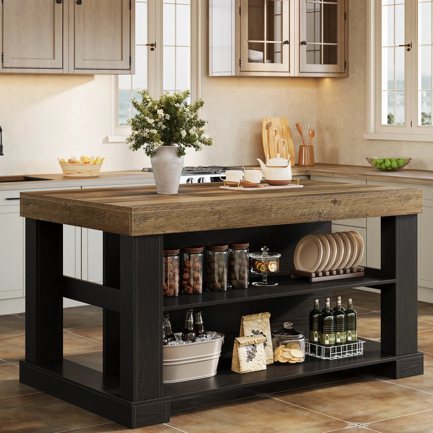 55" Counter Height Bar Table with Storage Shelves, Rectangular Kitchen Table for 6