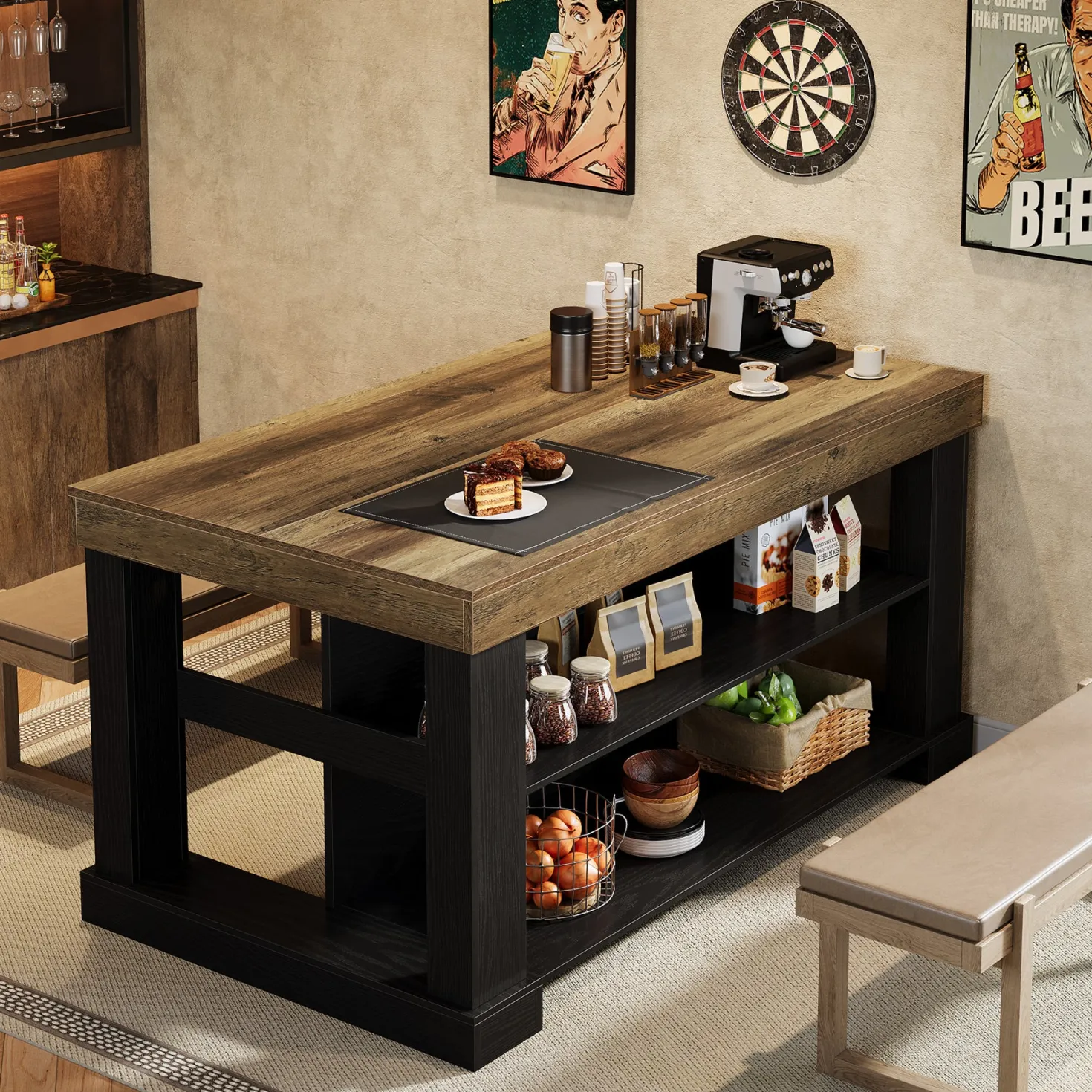55" Counter Height Bar Table with Storage Shelves, Rectangular Kitchen Table for 6