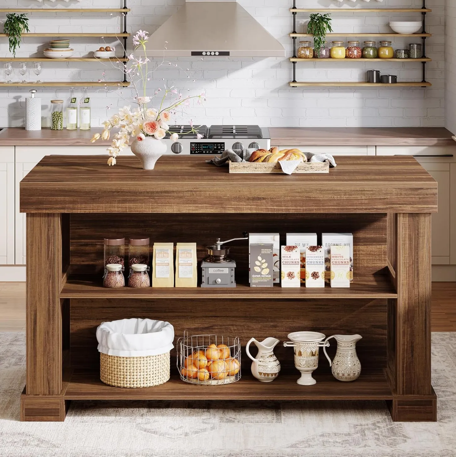 55" Counter Height Bar Table with Storage Shelves, Rectangular Kitchen Table for 6