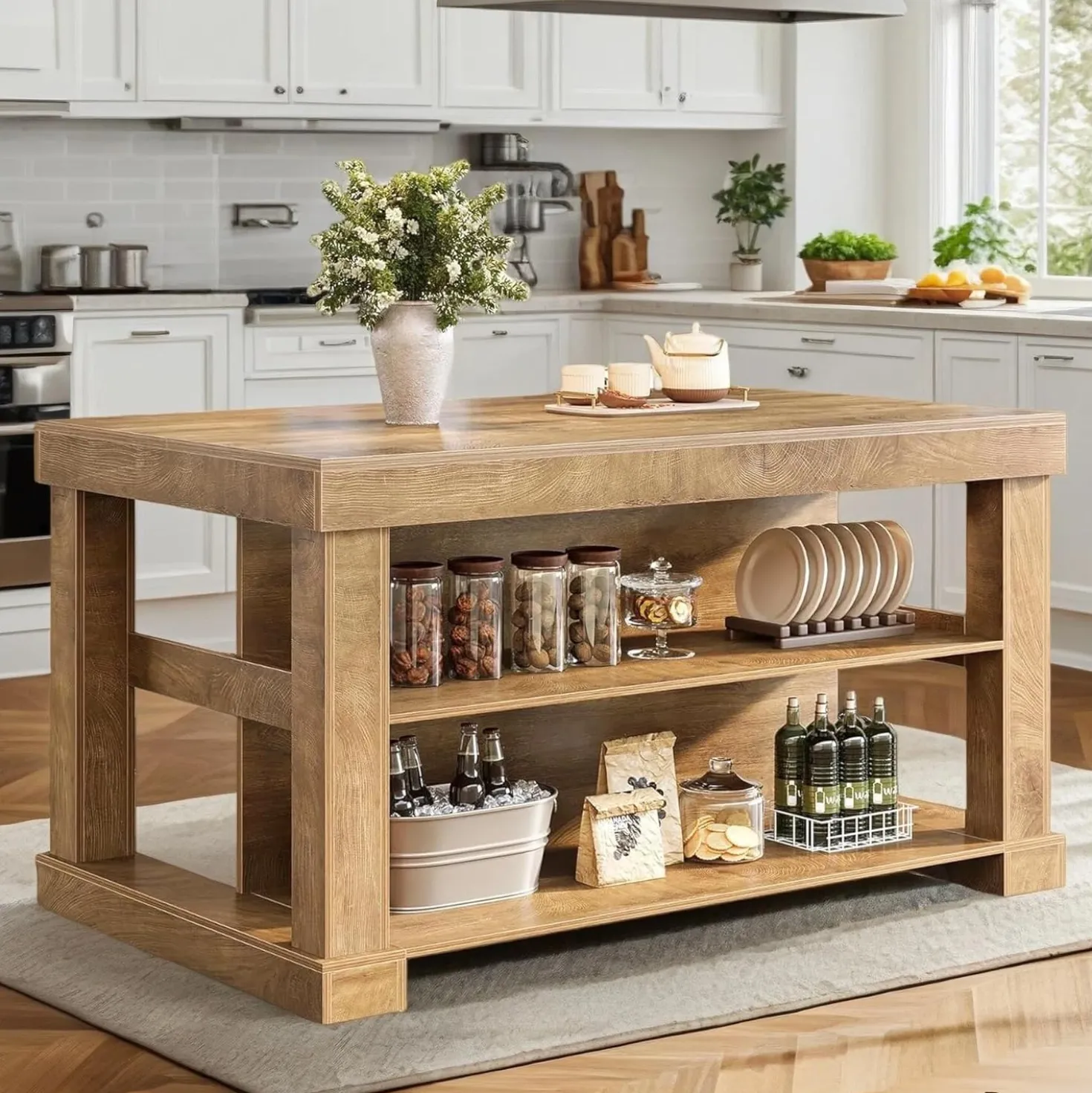 55" Counter Height Bar Table with Storage Shelves, Rectangular Kitchen Table for 6