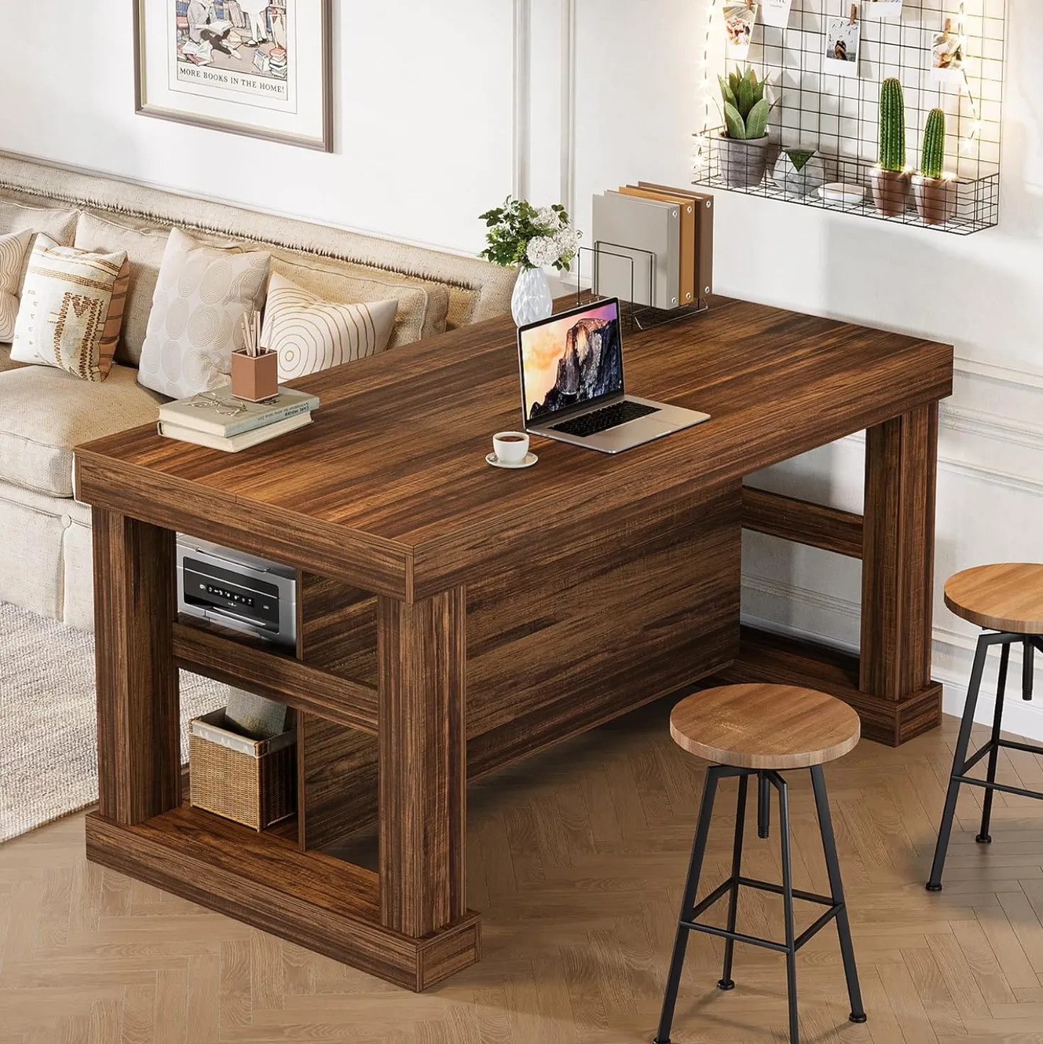 55" Counter Height Bar Table with Storage Shelves, Rectangular Kitchen Table for 6