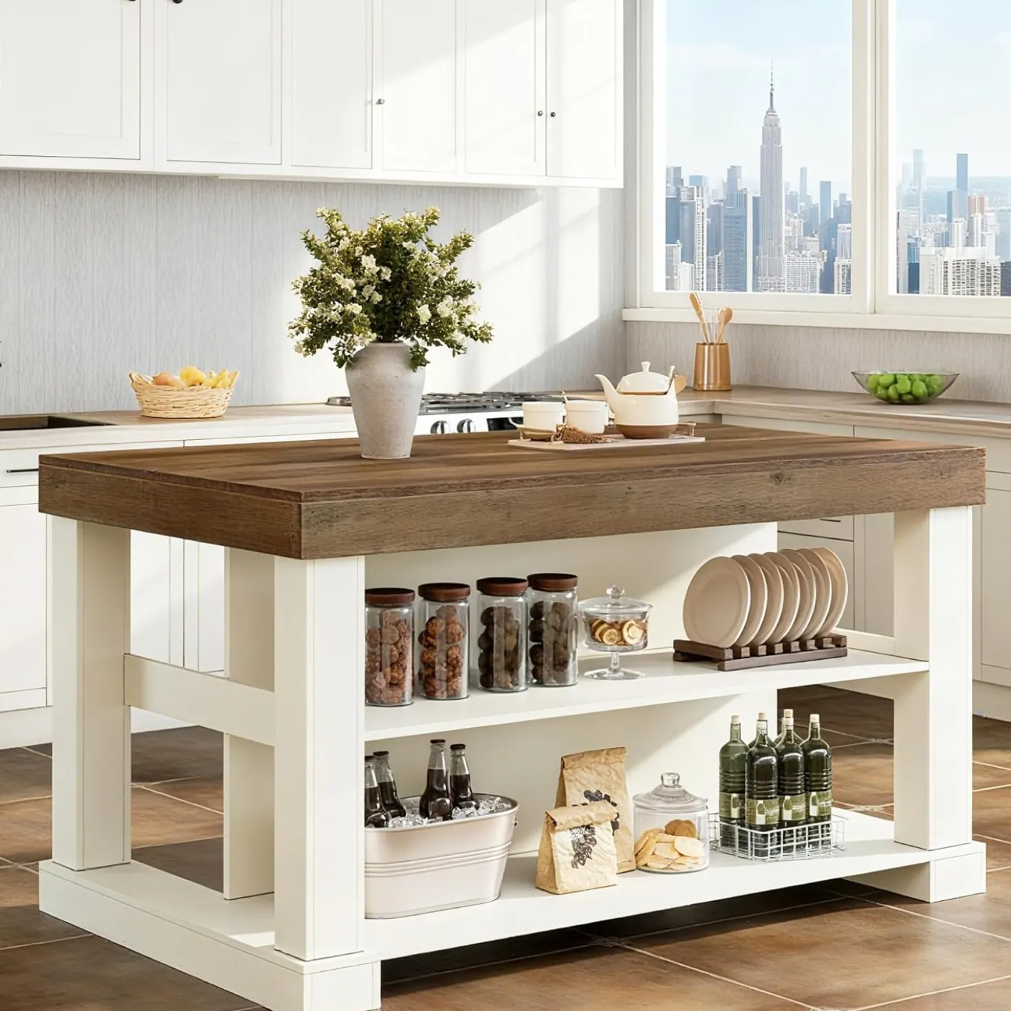 55" Counter Height Bar Table with Storage Shelves, Rectangular Kitchen Table for 6