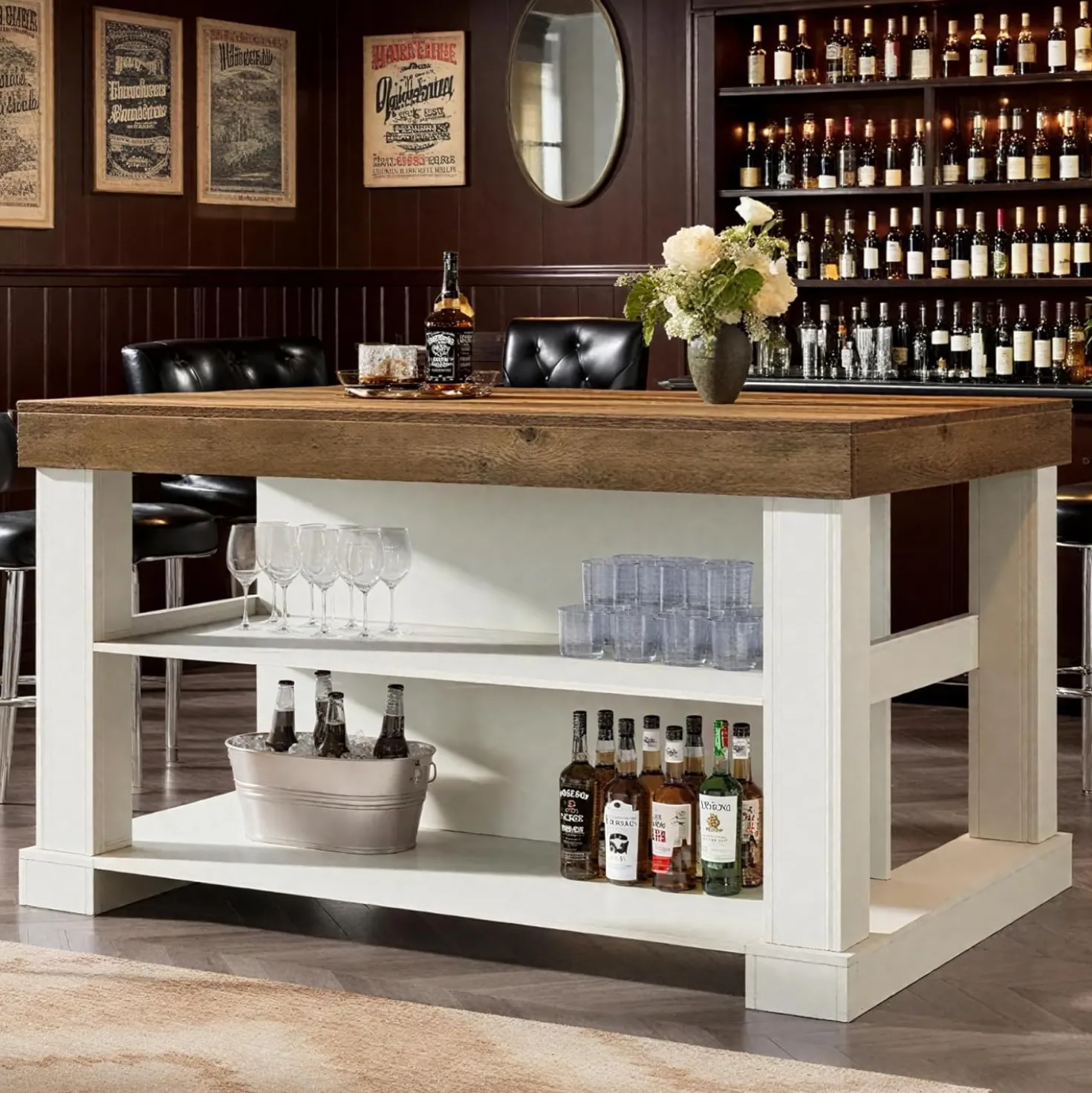 55" Counter Height Bar Table with Storage Shelves, Rectangular Kitchen Table for 6
