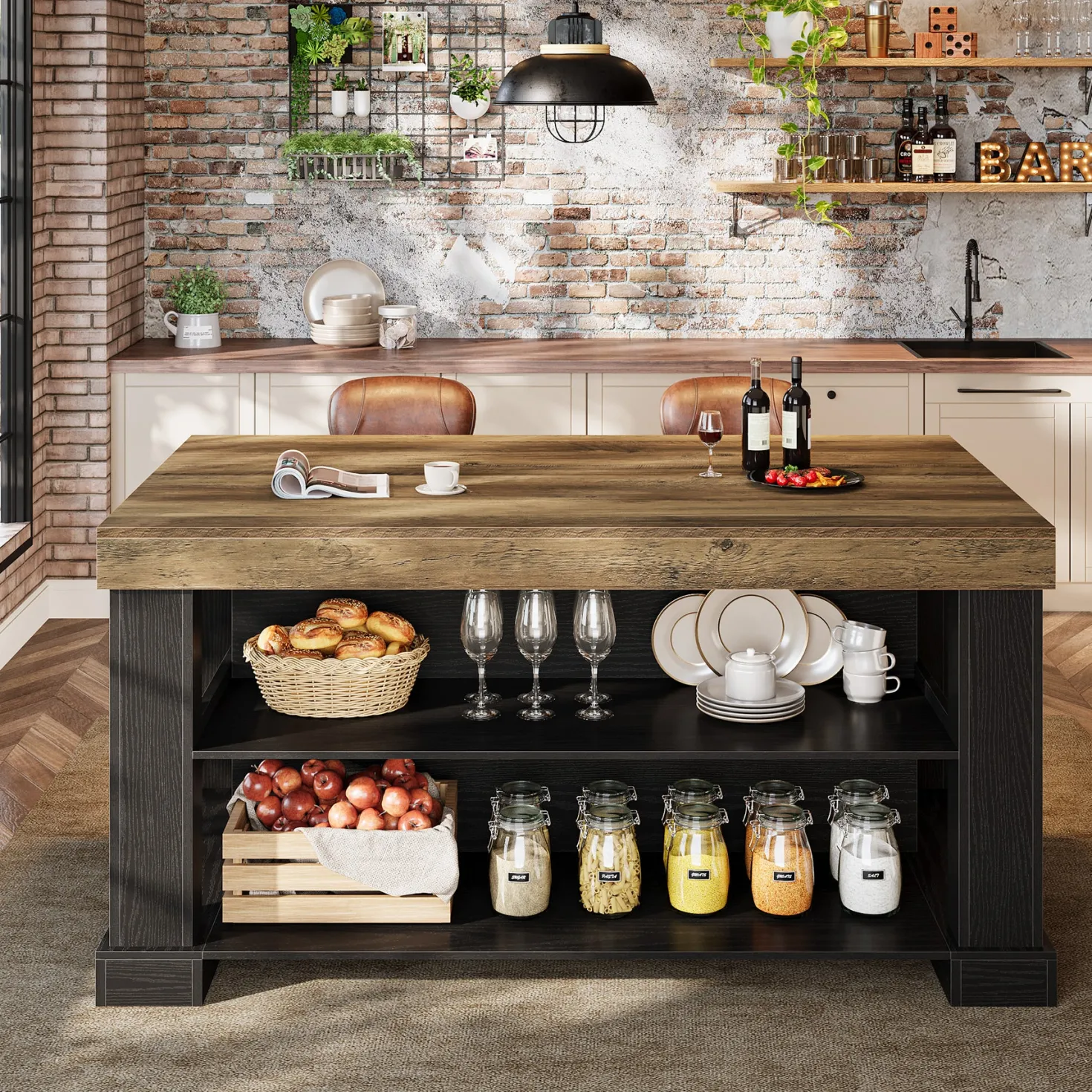 55" Counter Height Bar Table with Storage Shelves, Rectangular Kitchen Table for 6