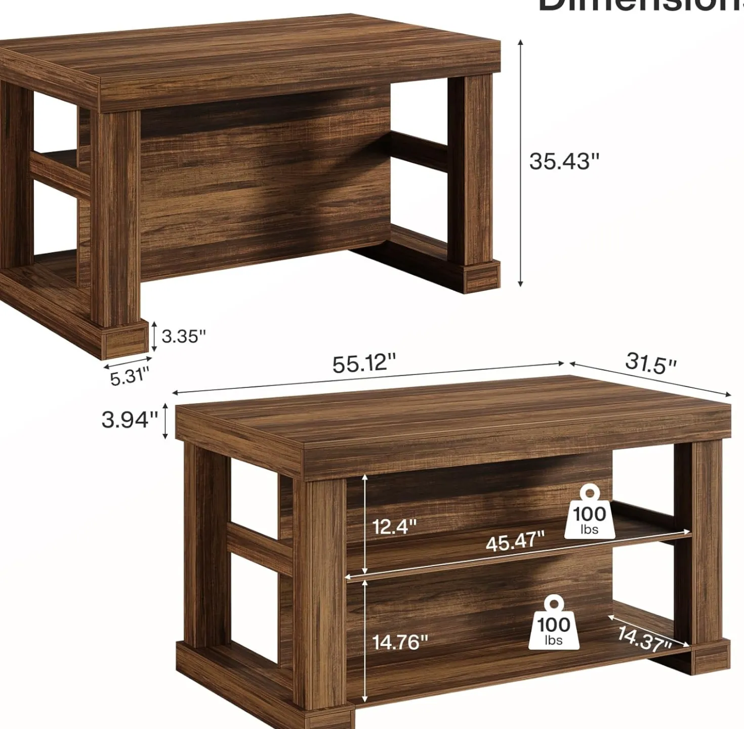 55" Counter Height Bar Table with Storage Shelves, Rectangular Kitchen Table for 6