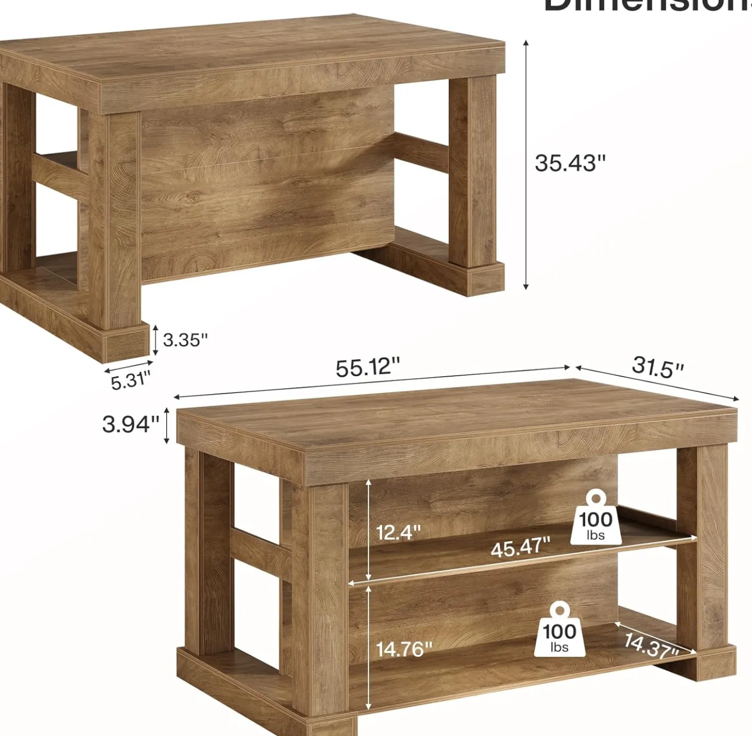 55" Counter Height Bar Table with Storage Shelves, Rectangular Kitchen Table for 6