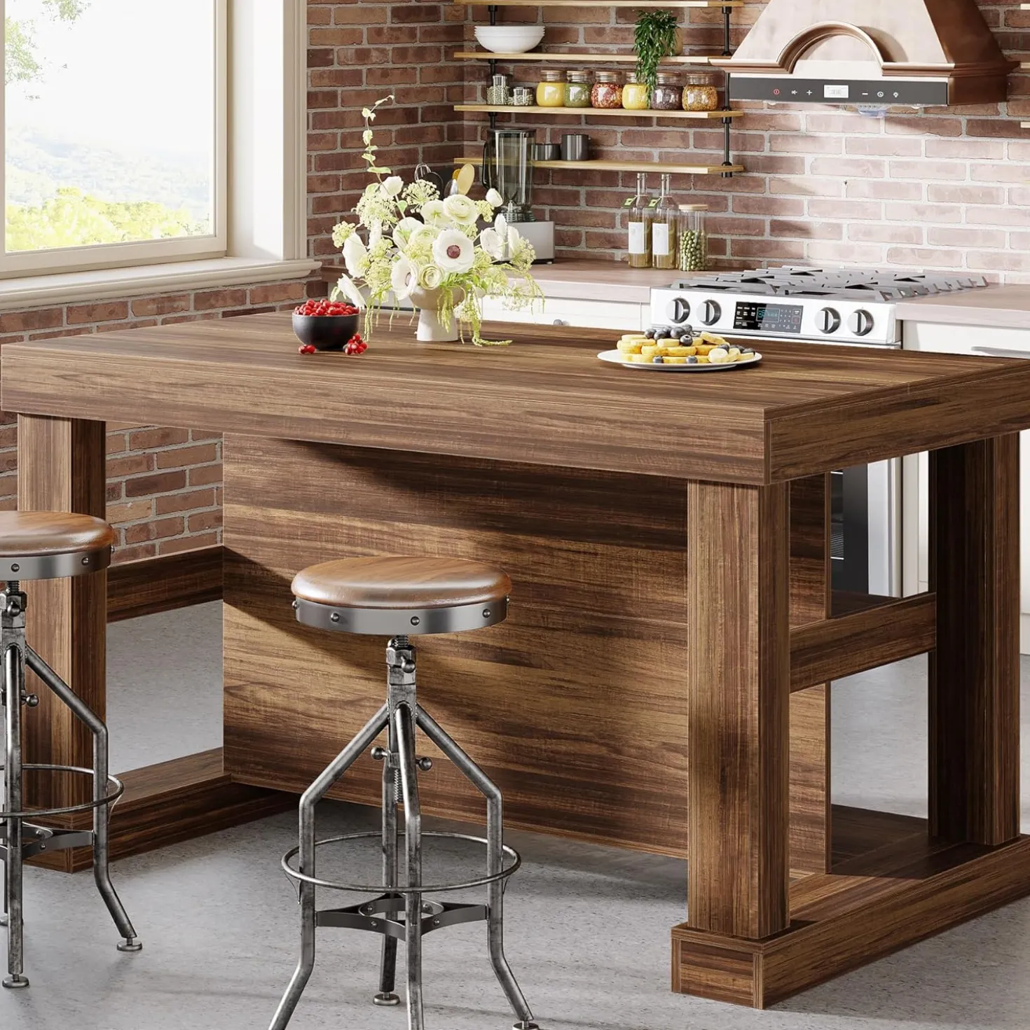 55" Counter Height Bar Table with Storage Shelves, Rectangular Kitchen Table for 6