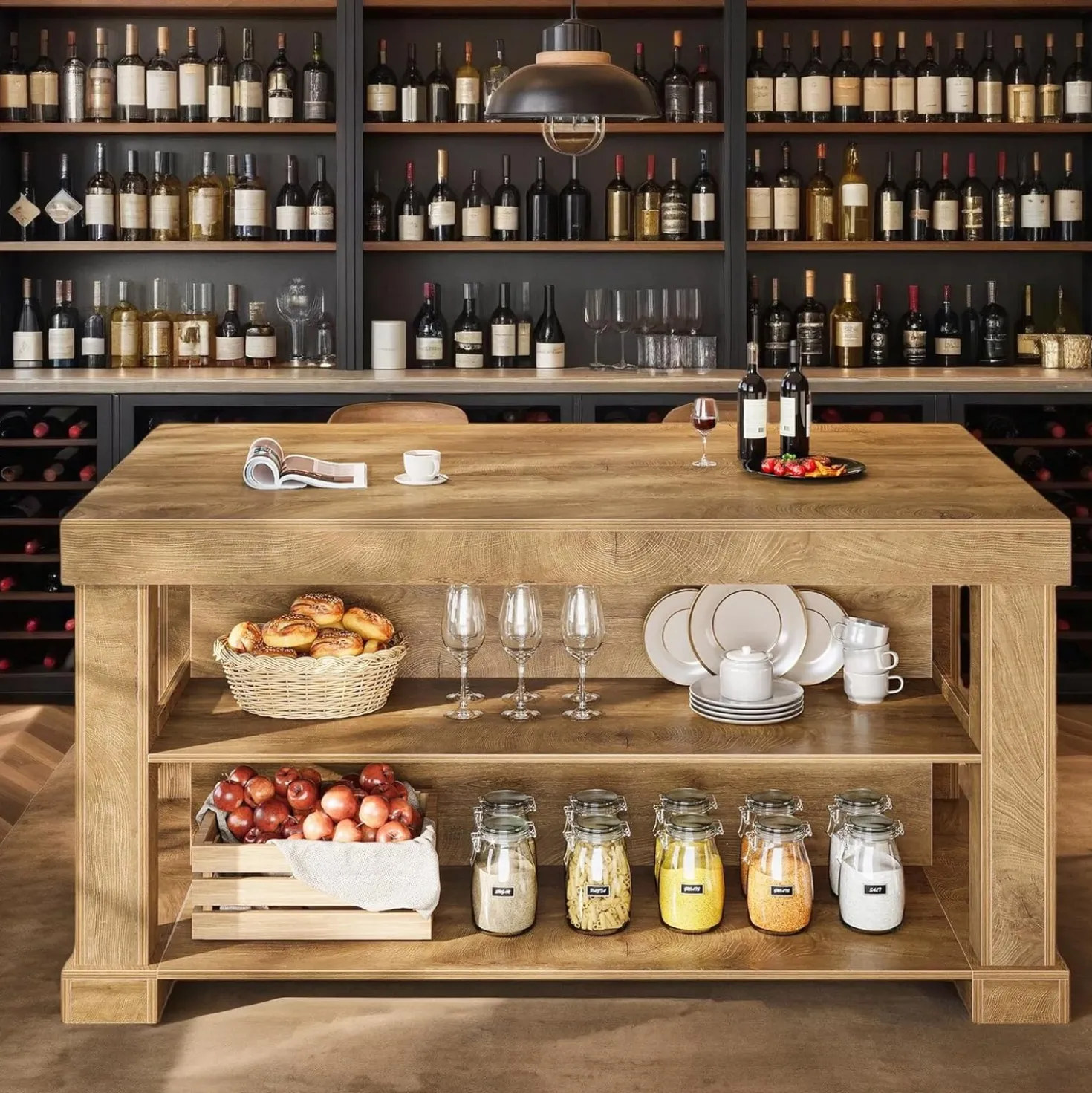 55" Counter Height Bar Table with Storage Shelves, Rectangular Kitchen Table for 6
