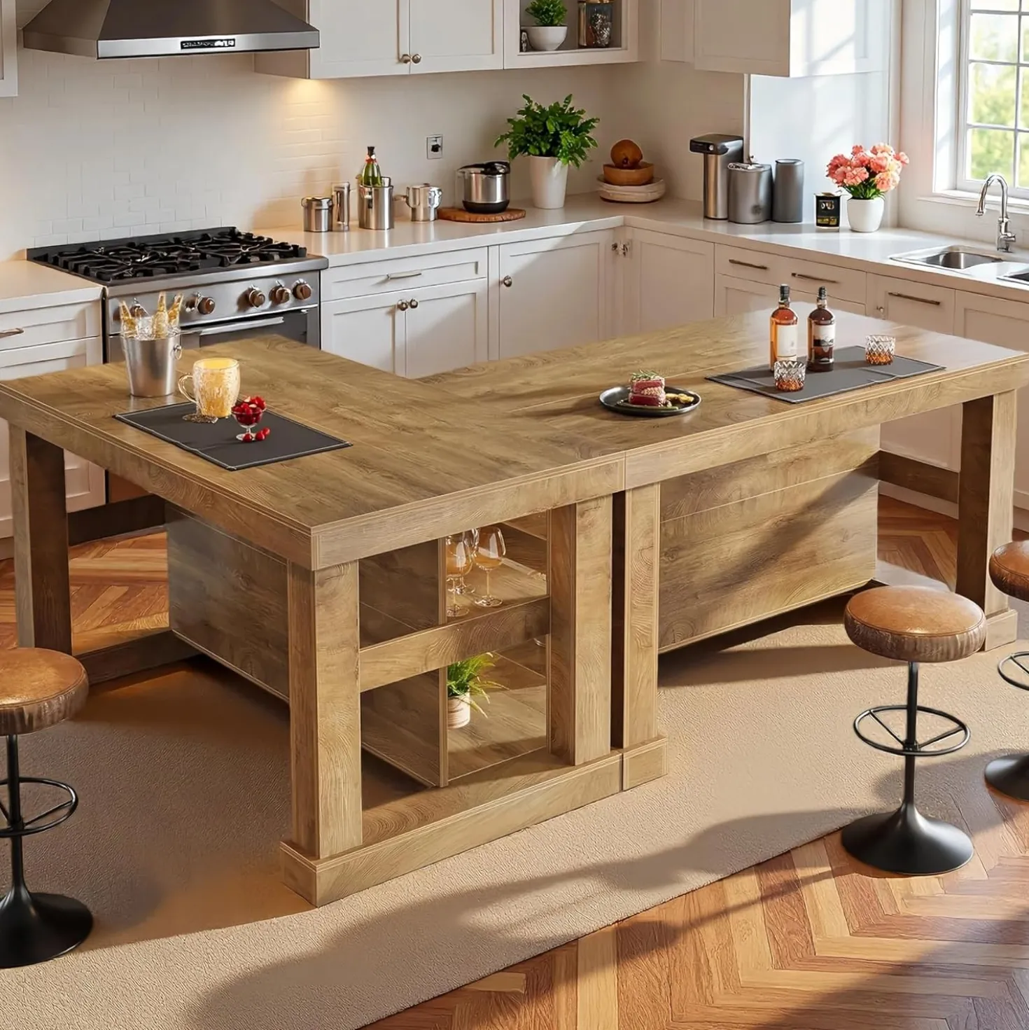 55" Counter Height Bar Table with Storage Shelves, Rectangular Kitchen Table for 6