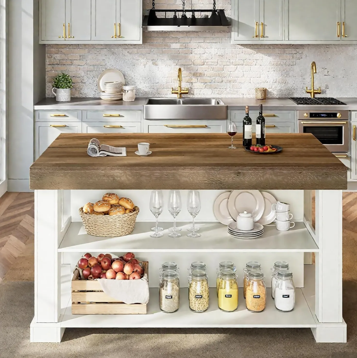 55" Counter Height Bar Table with Storage Shelves, Rectangular Kitchen Table for 6