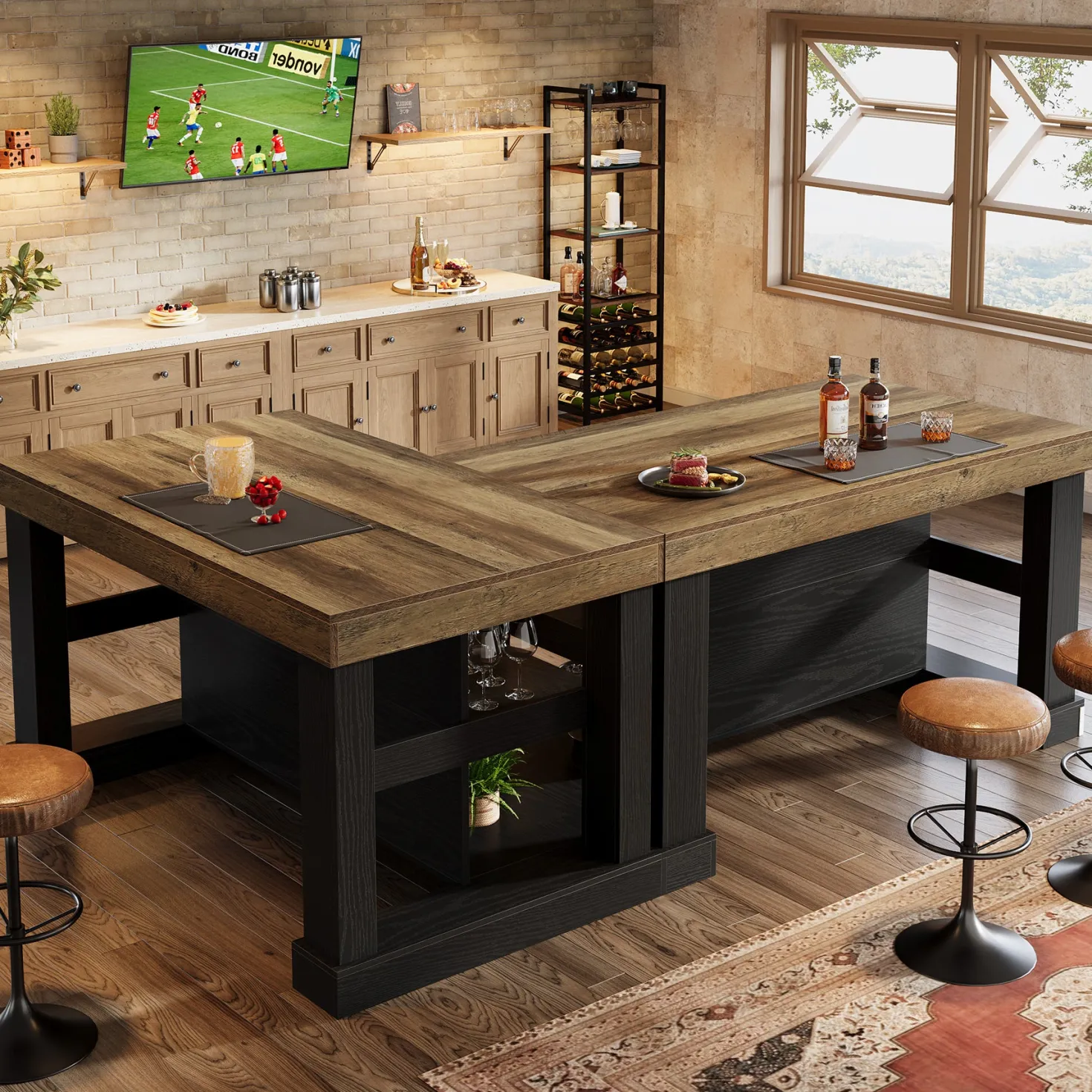 55" Counter Height Bar Table with Storage Shelves, Rectangular Kitchen Table for 6