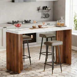55" Counter Height Bar Unit with Faux Marble Top, Rectangular Home Pub Table