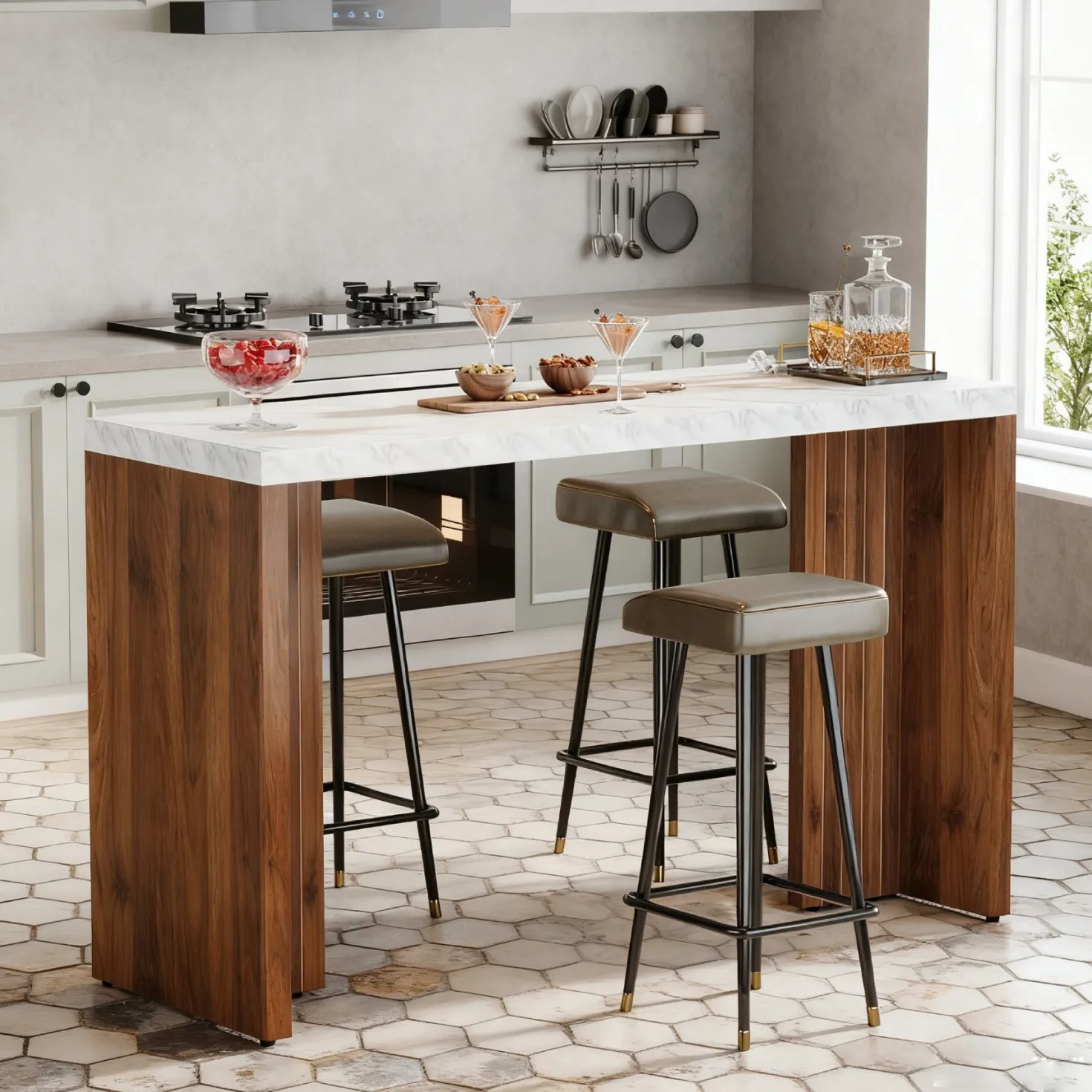 55" Counter Height Bar Unit with Faux Marble Top, Rectangular Home Pub Table