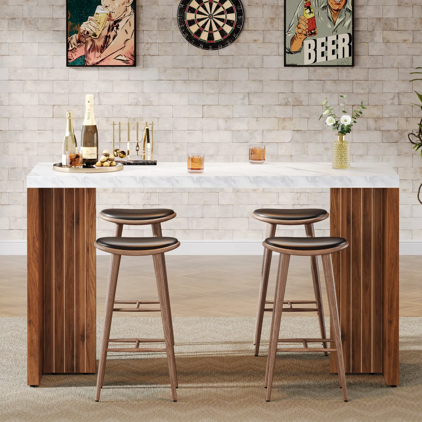 55" Counter Height Bar Unit with Faux Marble Top, Rectangular Home Pub Table
