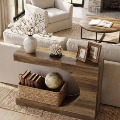 39.4" C-Shaped Console Table, 2-Tier Entryway Sofa Table Behind Couch for Hallway