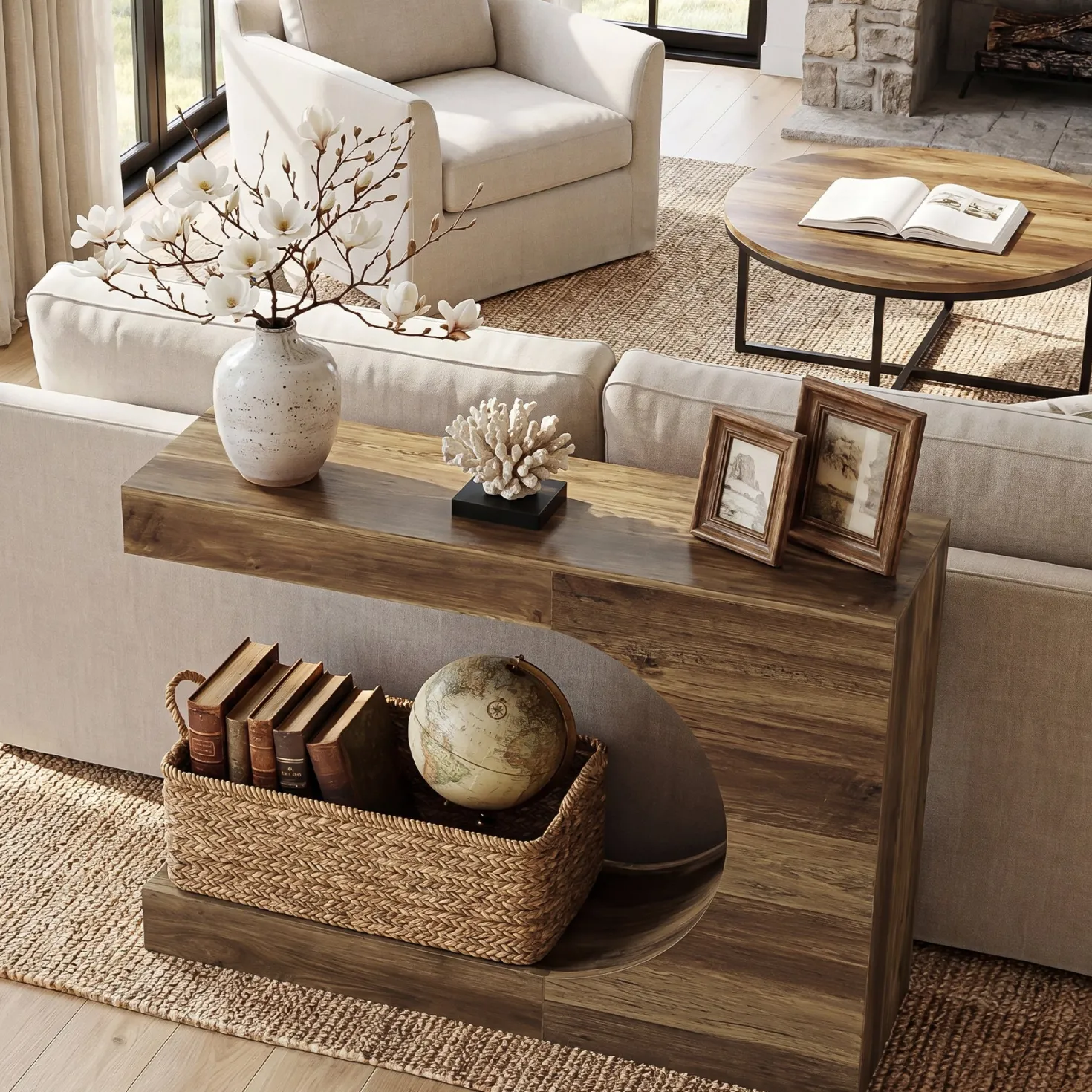 39.4" C-Shaped Console Table, 2-Tier Entryway Sofa Table Behind Couch for Hallway