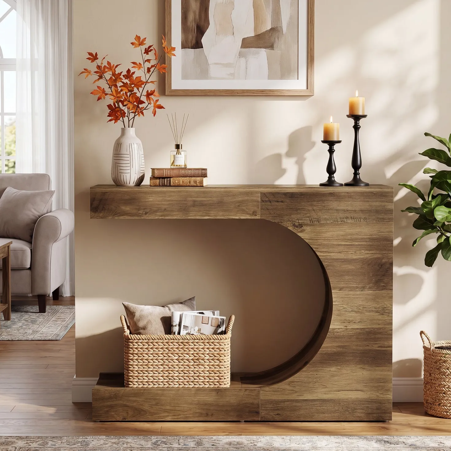 39.4" C-Shaped Console Table, 2-Tier Entryway Sofa Table Behind Couch for Hallway