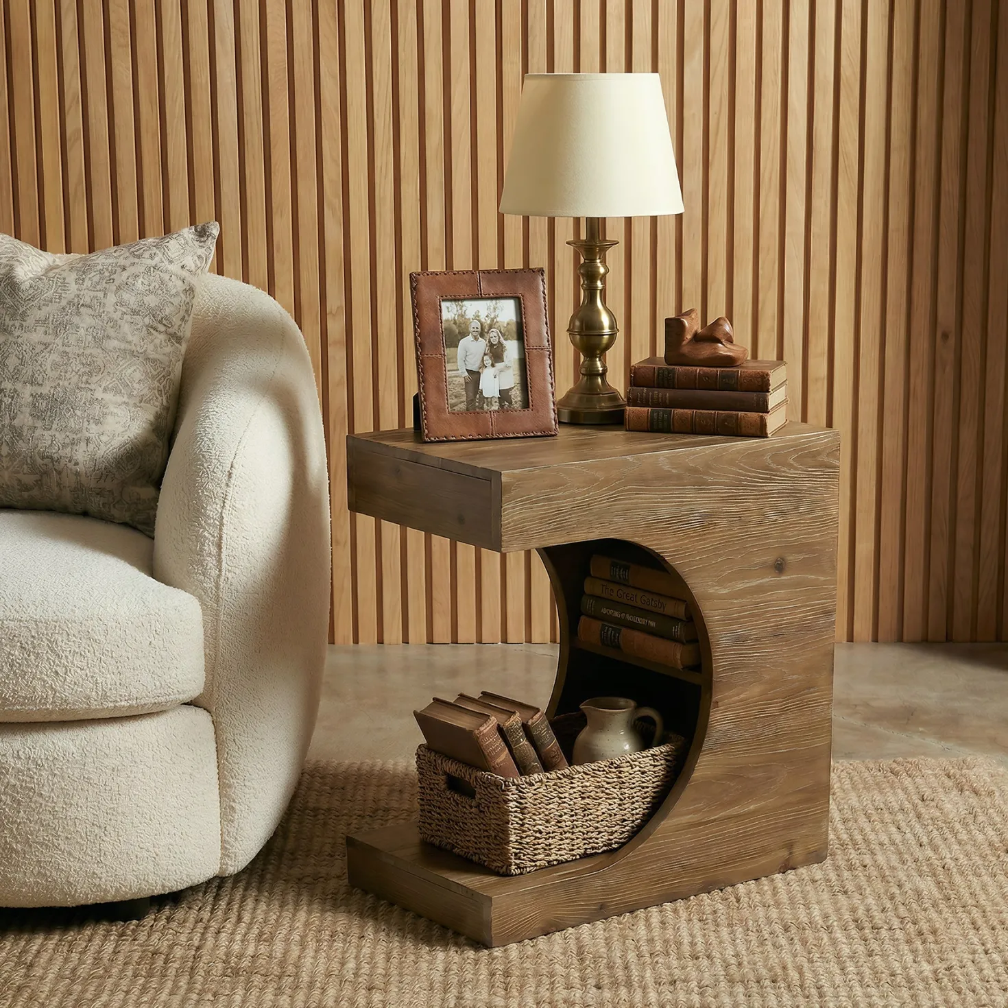 23.6" C-Shaped End Table, Modern Solid Wood Side Table Nightstand with 2-Tier Storage