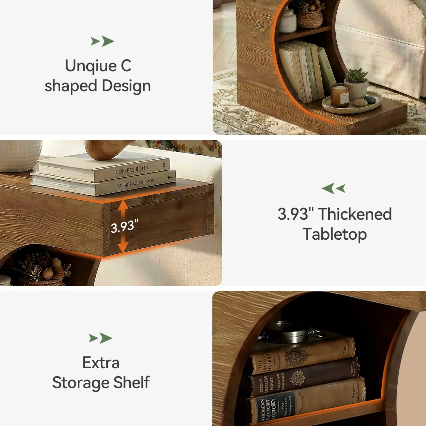 23.6" C-Shaped End Table, Modern Solid Wood Side Table Nightstand with 2-Tier Storage