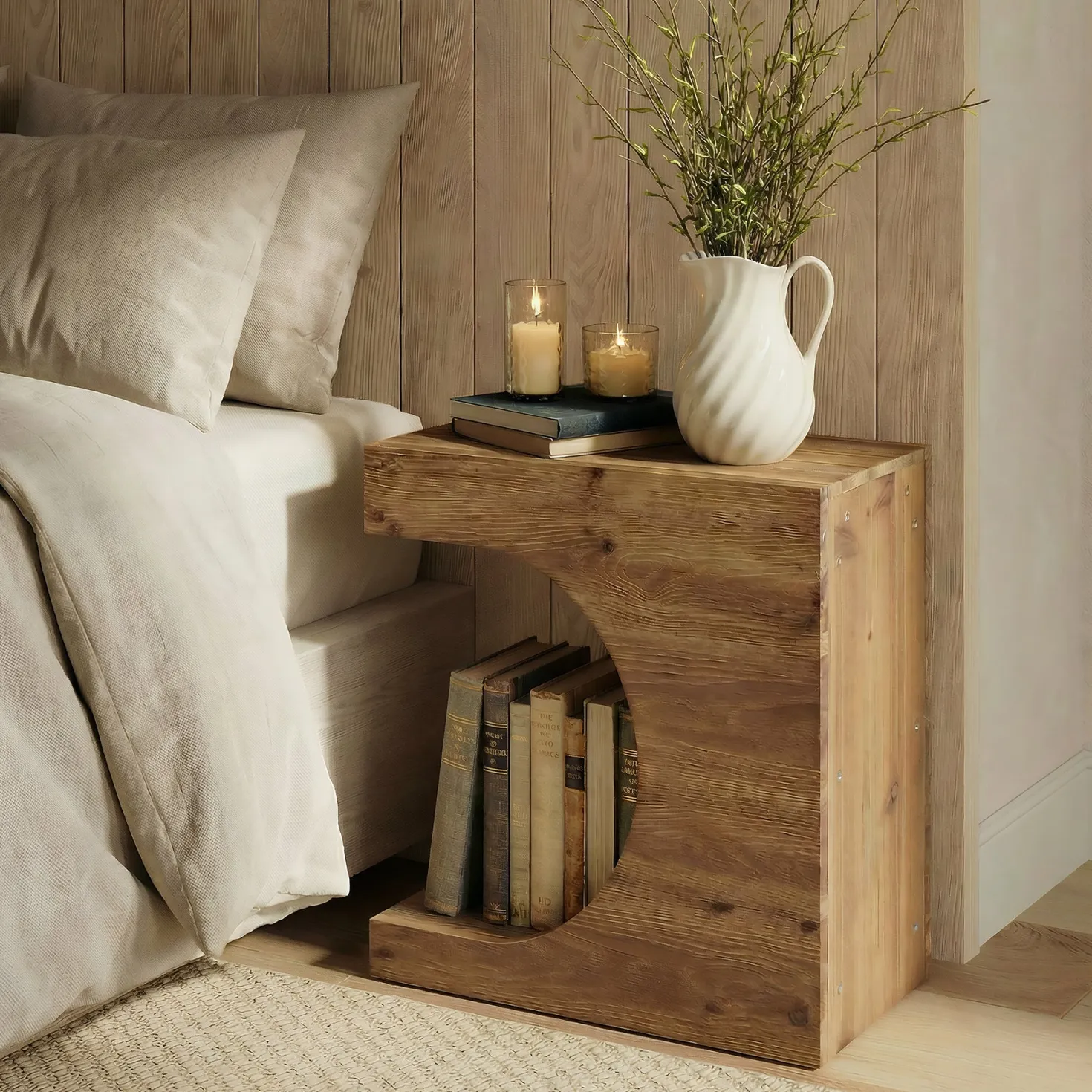 23.6" C-Shaped End Table, Modern Solid Wood Side Table Nightstand with 2-Tier Storage